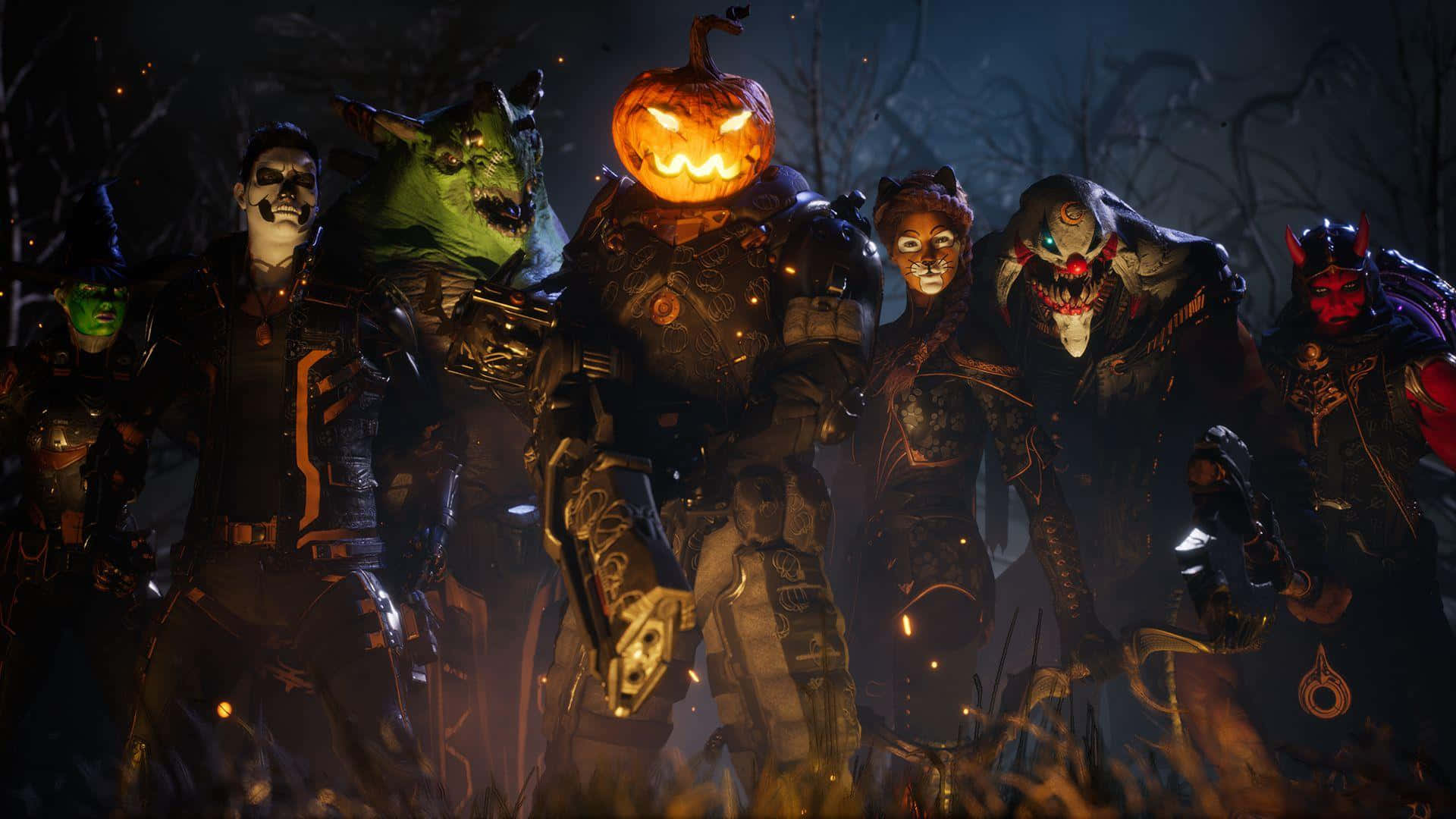 Horror Costumes 桌布 壁紙 — 一群以萬聖節為主題的裝甲角色，頭部是發光的傑克南瓜燈，站在陰暗詭異的森林中，氣勢洶洶。