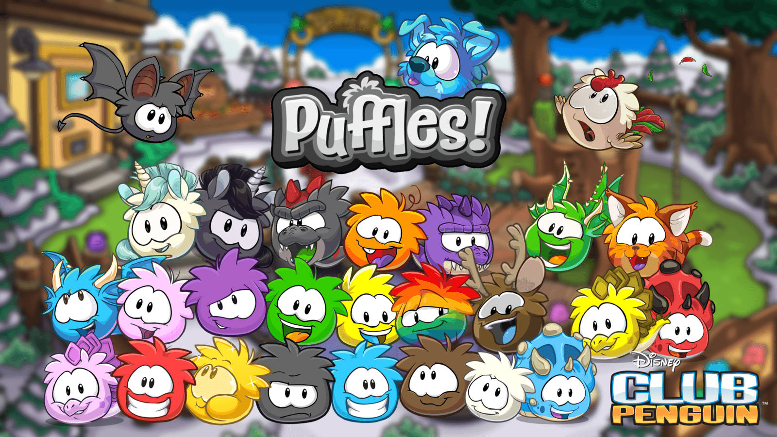 遊戲 桌布 壁紙 — 一群來自 Club Penguin 色彩繽紛、毛茸茸的 Puffles 聚集在雪村場景中。