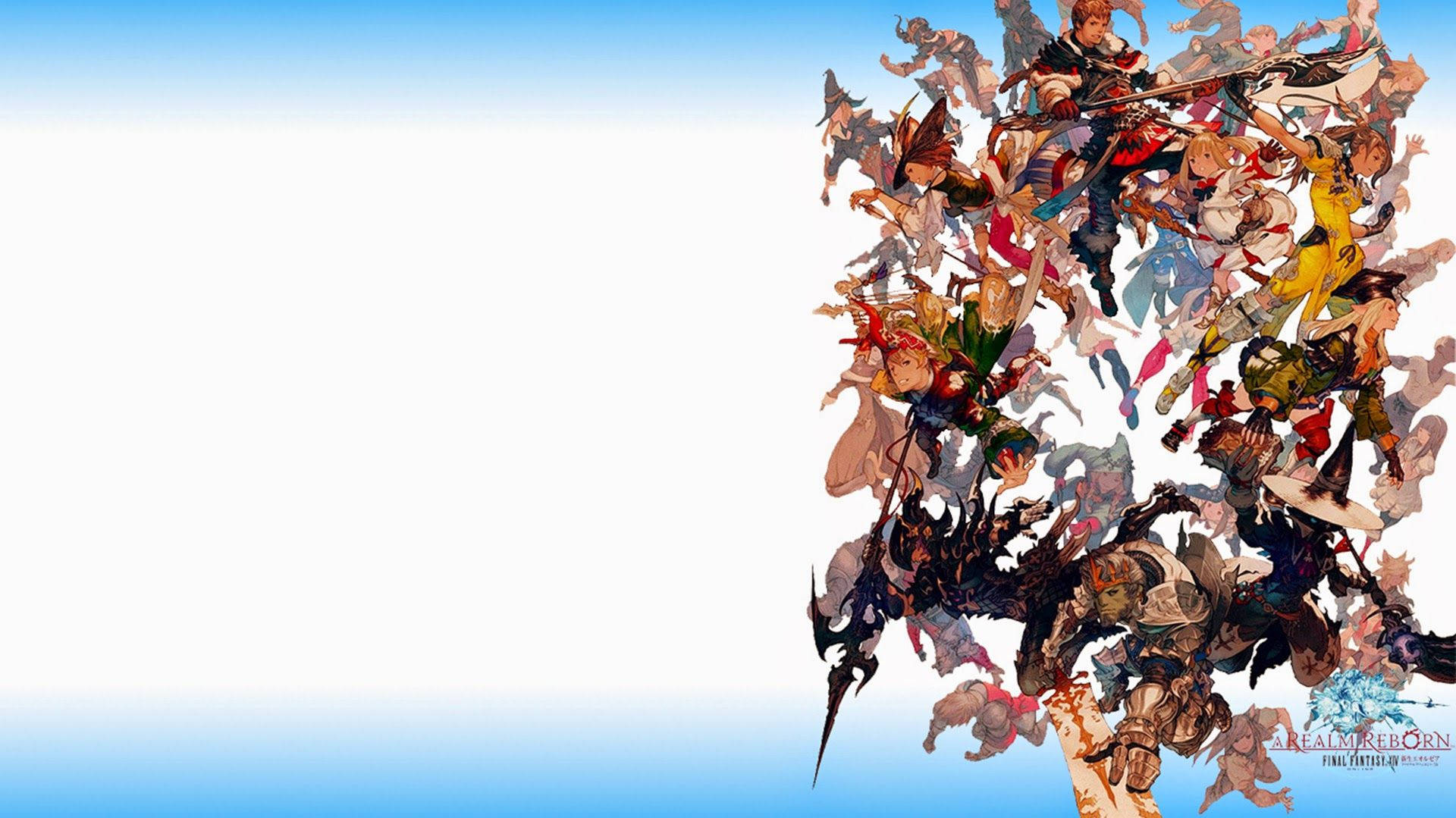 Ff14 桌布 壁紙 — 一群來自《Final Fantasy Brave Exvius》的色彩繽紛動漫角色，在漸變藍天背景下動態爆發。