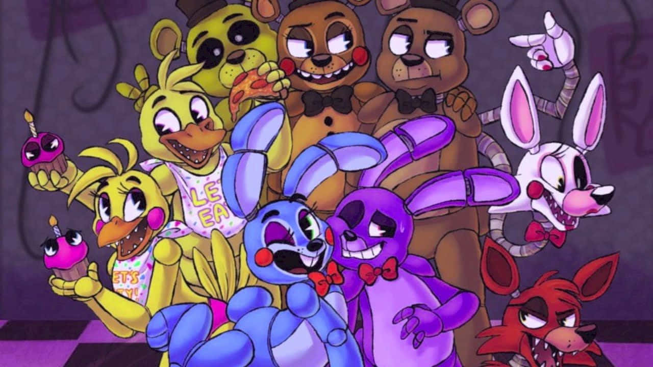 桌布 壁紙 — 一群來自《Five Nights at Freddy's》的電子動畫角色在昏暗的房間裡與杯子蛋糕和披薩一起擺姿勢。