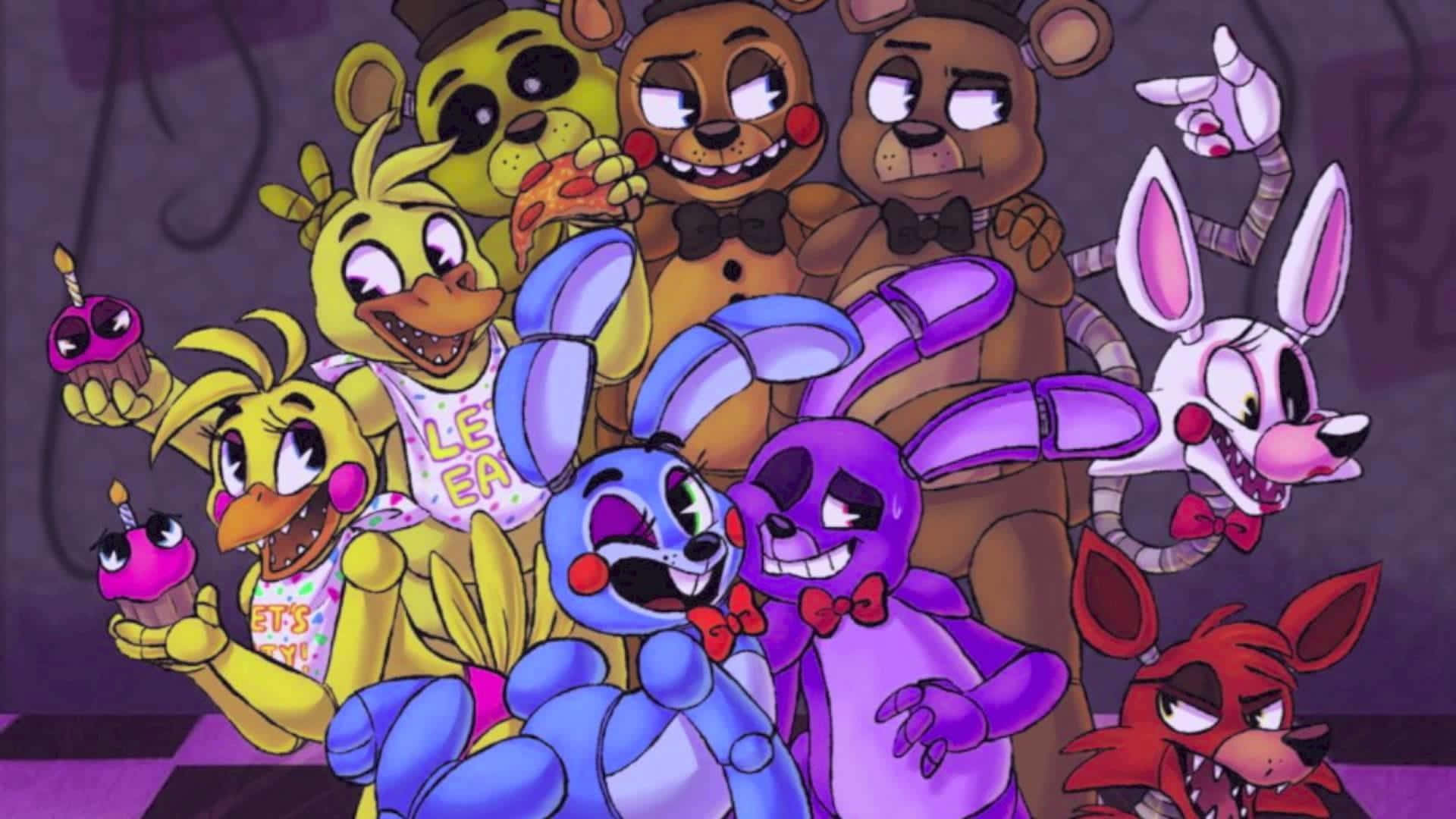 Five Nights At Freddy's Characters 桌布 壁紙 — 一群來自《Five Nights at Freddy's》的色彩繽紛的電子動畫角色在深紫色房間裡與杯子蛋糕和披薩一起擺姿勢。