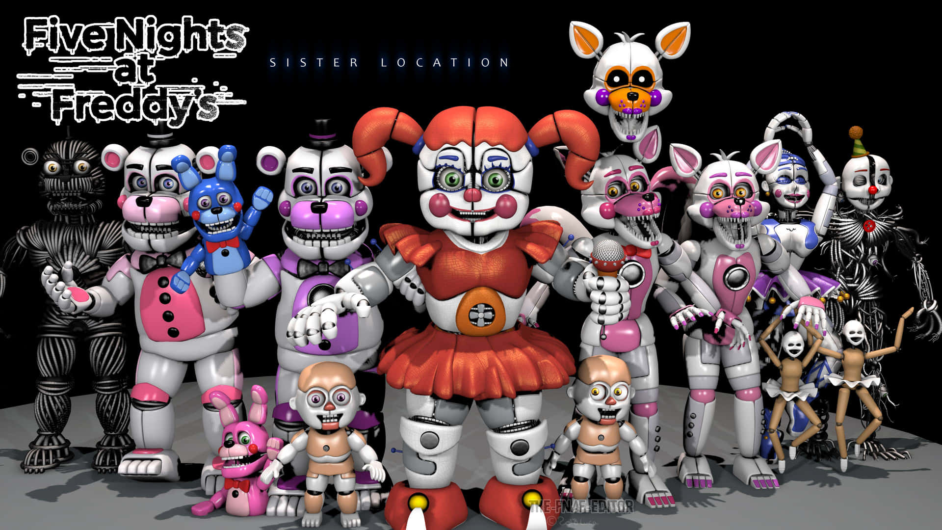 恐怖動圖 桌布 壁紙 — 一群來自《Five Nights at Freddy's》的威脅性機械動物角色，在黑暗的房間裡站在一起，眼睛發光，笑容破裂。