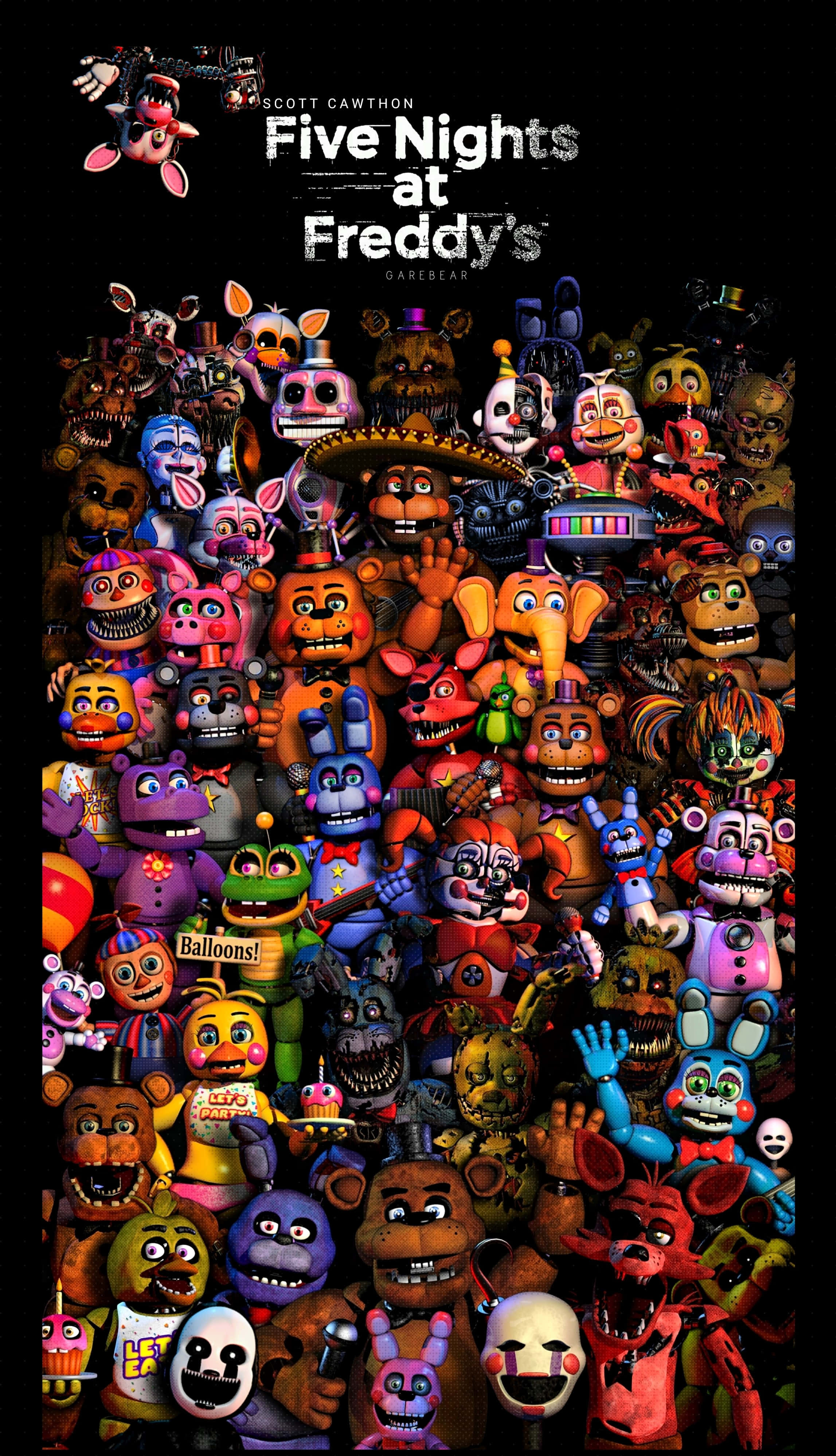 Animatronics 桌布 壁紙 — 一群來自《Five Nights at Freddy's》的彩色電子動畫角色密集地凝視著黑色背景。