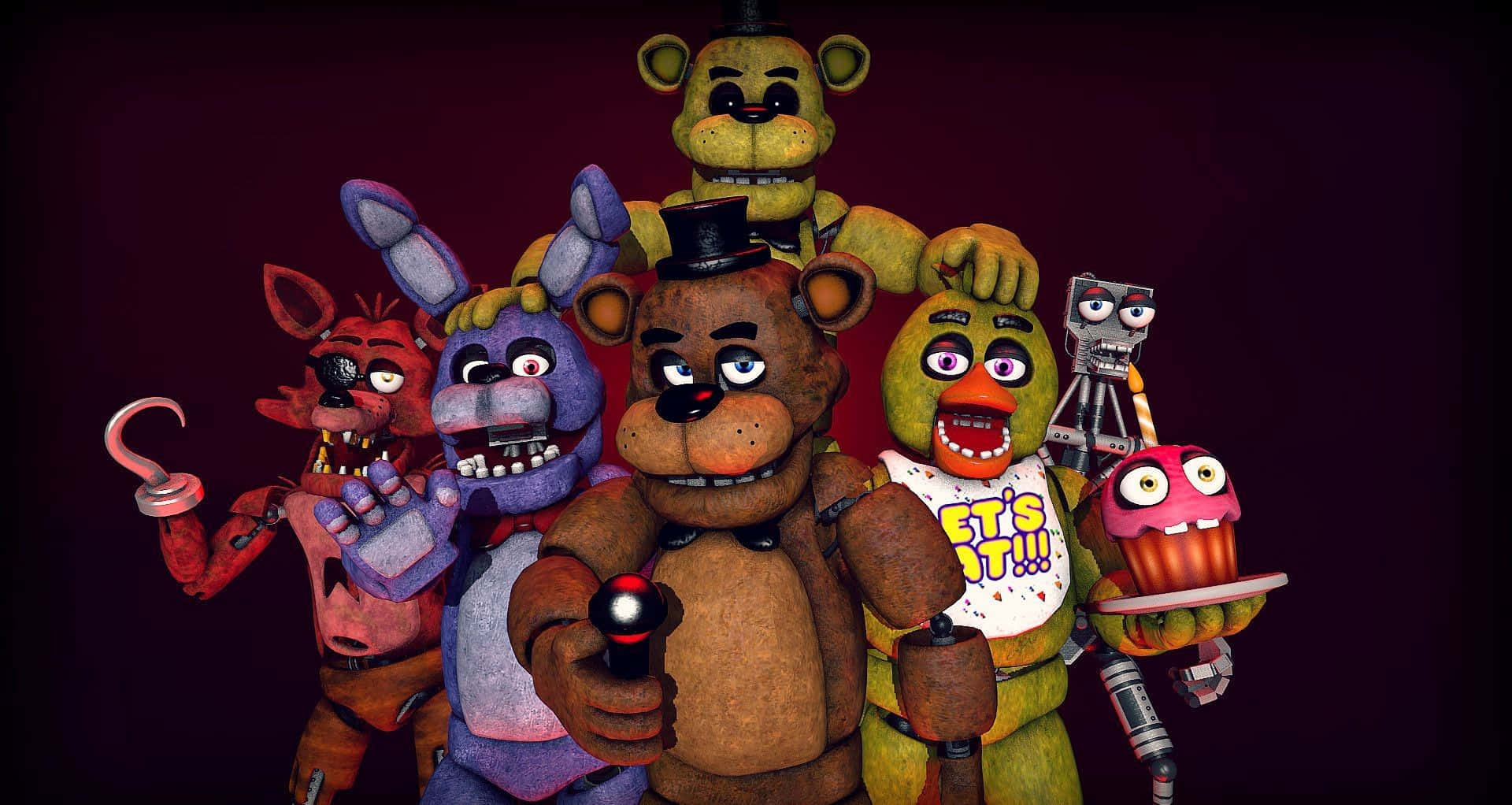 Animatronics 桌布 壁紙 — 一群來自《Five Nights at Freddy's》的電子動畫角色在深紫色背景上威嚇地站立。