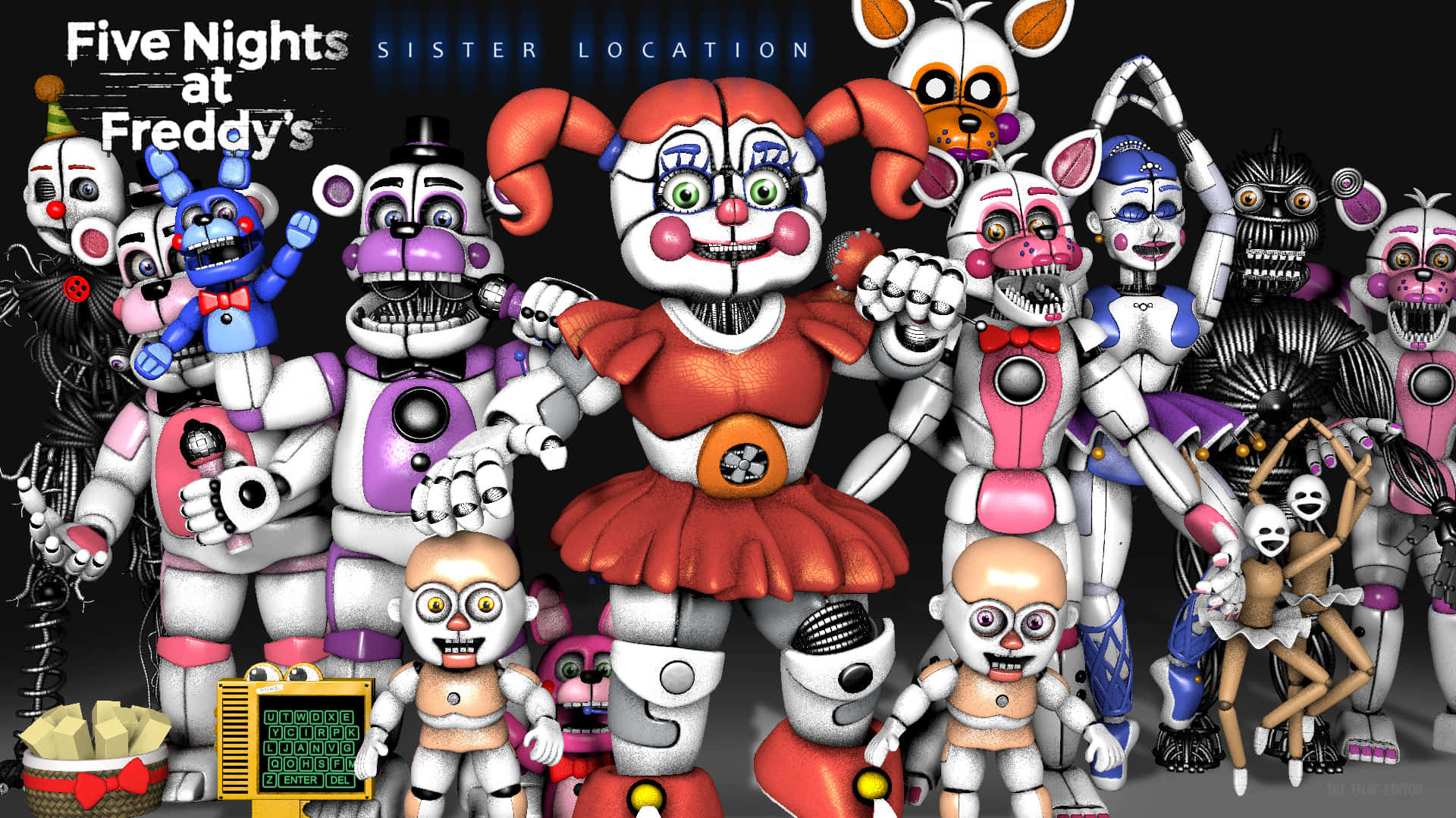 恐怖動圖 桌布 壁紙 — 一群來自《Five Nights at Freddy's》的威脅性電子動畫角色，在黑暗背景前擺出詭異的笑容和發光的眼睛。