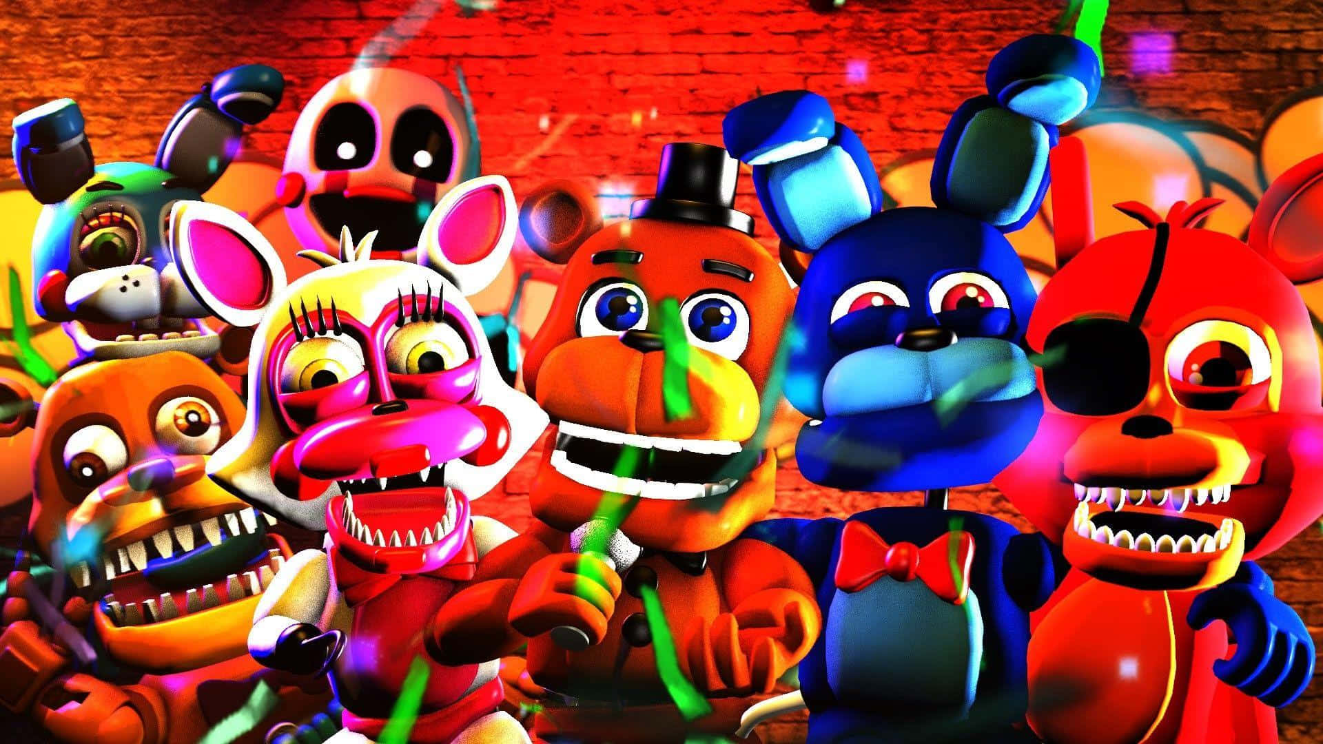 Animatronics 桌布 壁紙 — 一群來自《Five Nights at Freddy's》的充滿活力的電子動畫角色，在紅磚牆前用發光的眼睛和鋒利的牙齒強烈地凝視著。