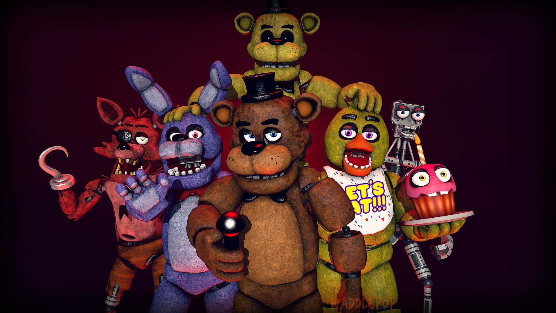桌布 壁紙 — 一群來自《Five Nights at Freddy's》的威脅性電子動畫角色在深紫色背景前一起擺姿勢。