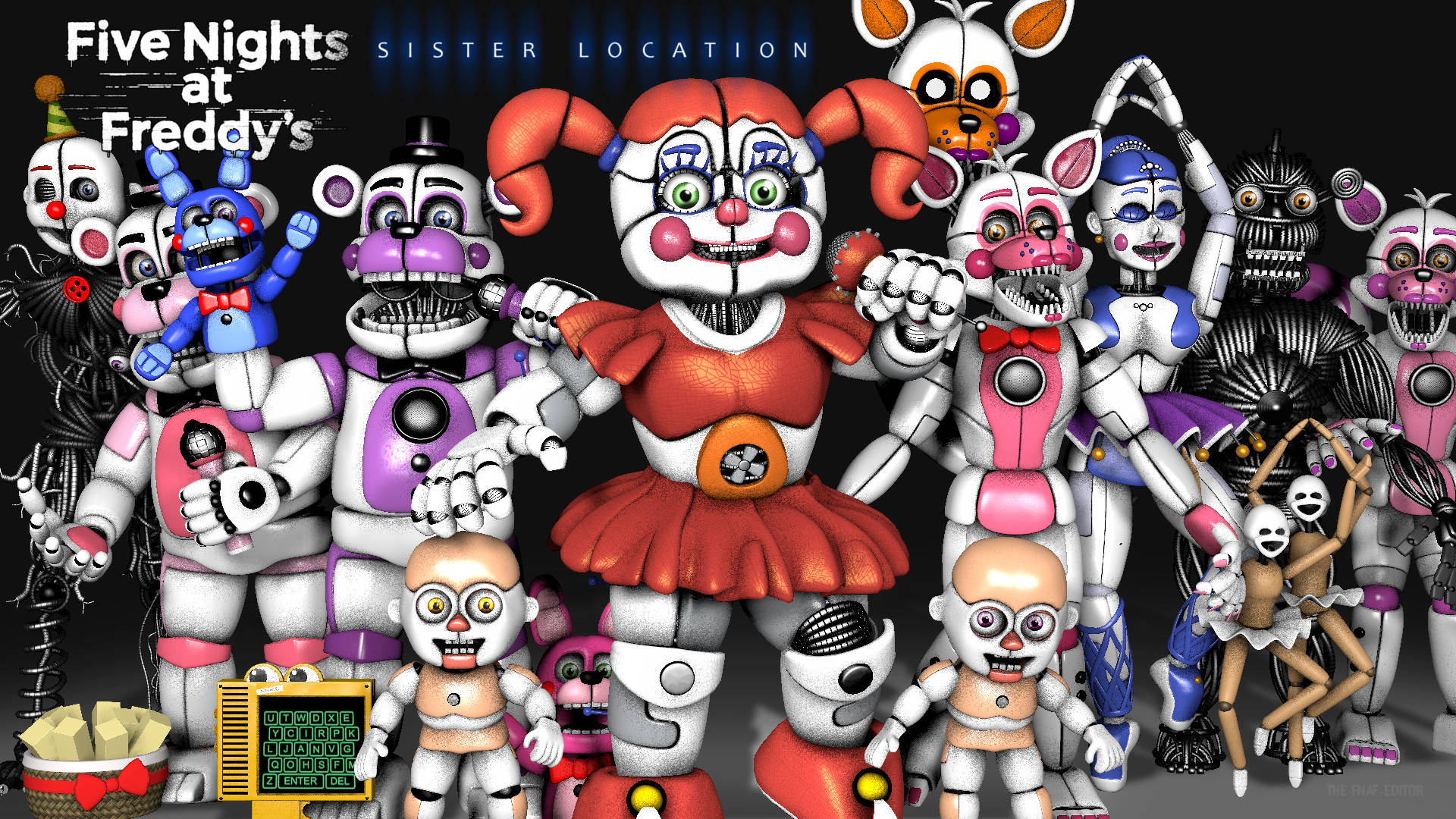 佛萊迪餐館之五夜驚魂 桌布 壁紙 — 一群來自《Five Nights at Freddy's》的威脅性電子動畫角色在黑暗背景下擺出詭異的笑容。