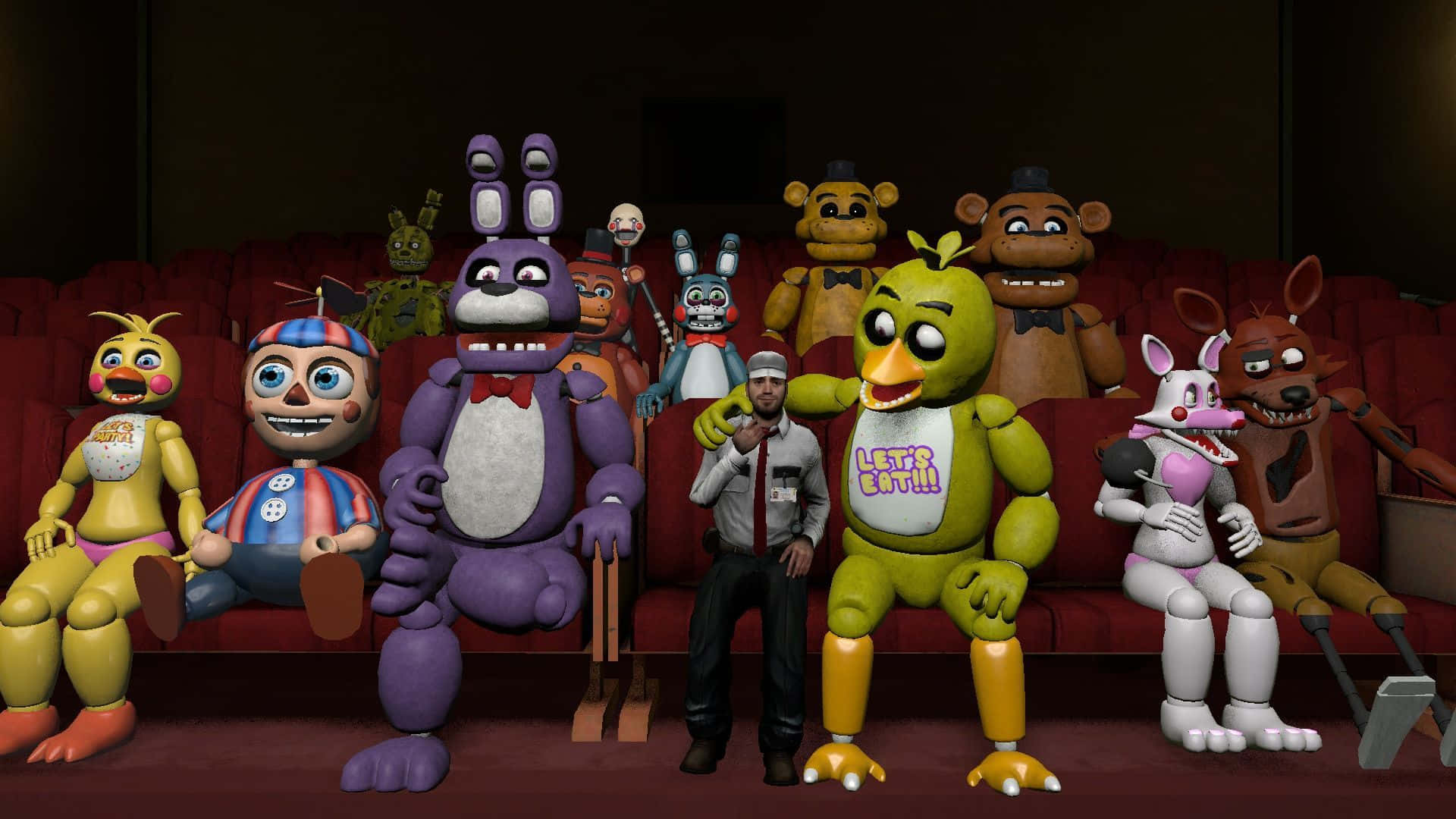 來自《Five Nights at Freddy's》的電子動畫角色坐在紅色劇院沙發上，旁邊有警衛。 — 佛萊迪餐館之五夜驚魂 GIF 壁紙