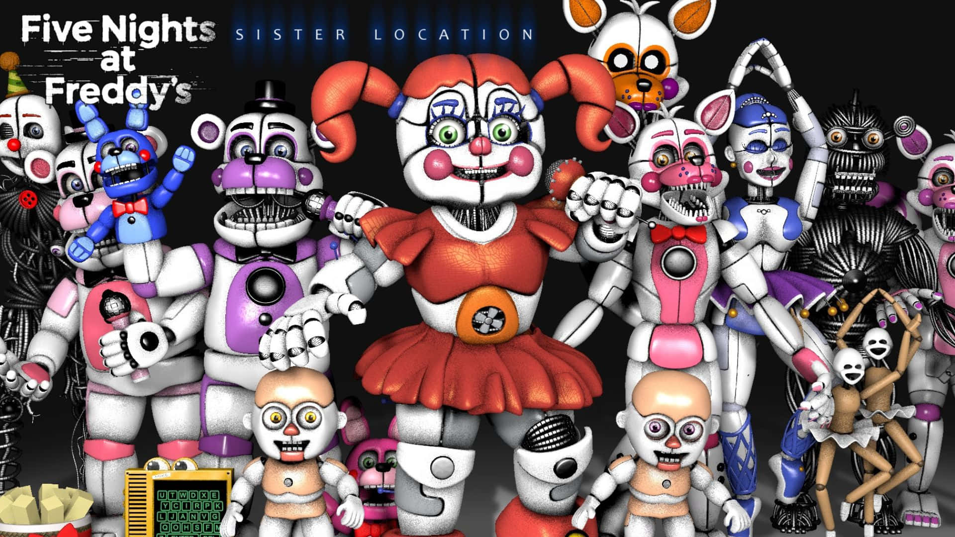 Fnaf Sister Location 桌布 壁紙 — 一群來自《Five Nights at Freddy's》的威脅性電子動畫角色在黑暗詭異的環境中一起擺姿勢。