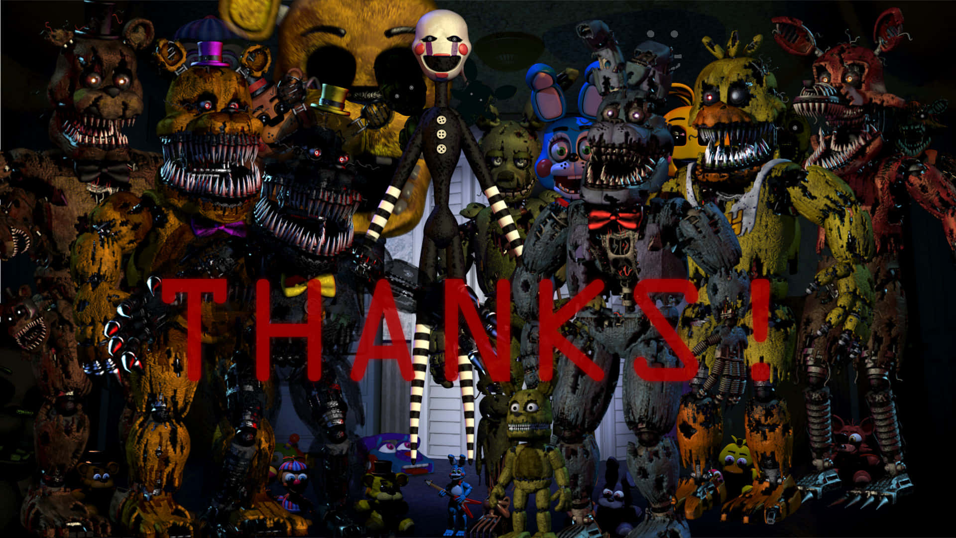 Five Nights At Freddy's Characters 桌布 壁紙 — 一群來自《Five Nights at Freddy's》的威脅性電子動畫角色站在黑暗的房間中，並覆蓋著紅色的「THANKS！」文字。
