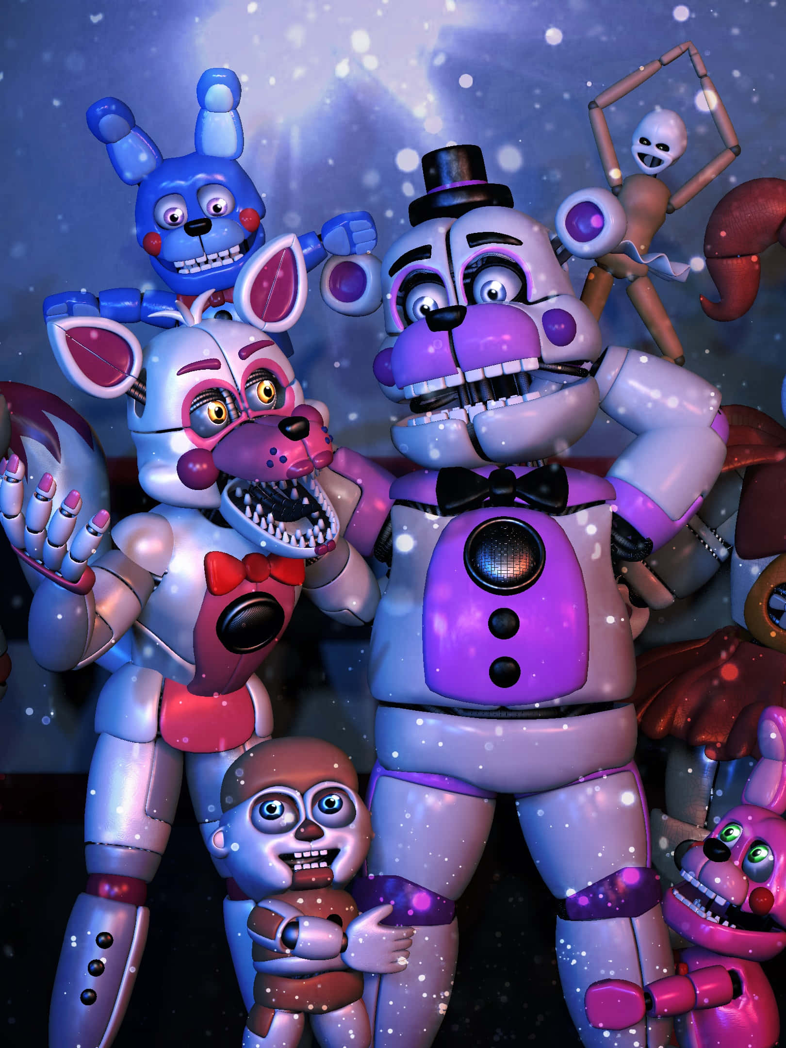 Fnaf Sister Location 桌布 壁紙 — 一群來自《Five Nights at Freddy's》的電子動畫角色，在雪景中站在一起，眼睛發光，帶有機械細節。