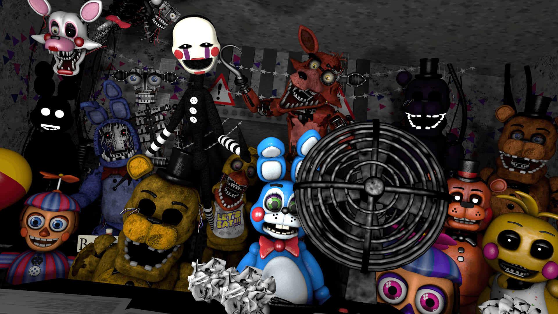 佛萊迪餐館之五夜驚魂 桌布 壁紙 — 一群來自《Five Nights at Freddy's》的威脅性電子動畫角色擠在昏暗雜亂的房間裡的風扇周圍。