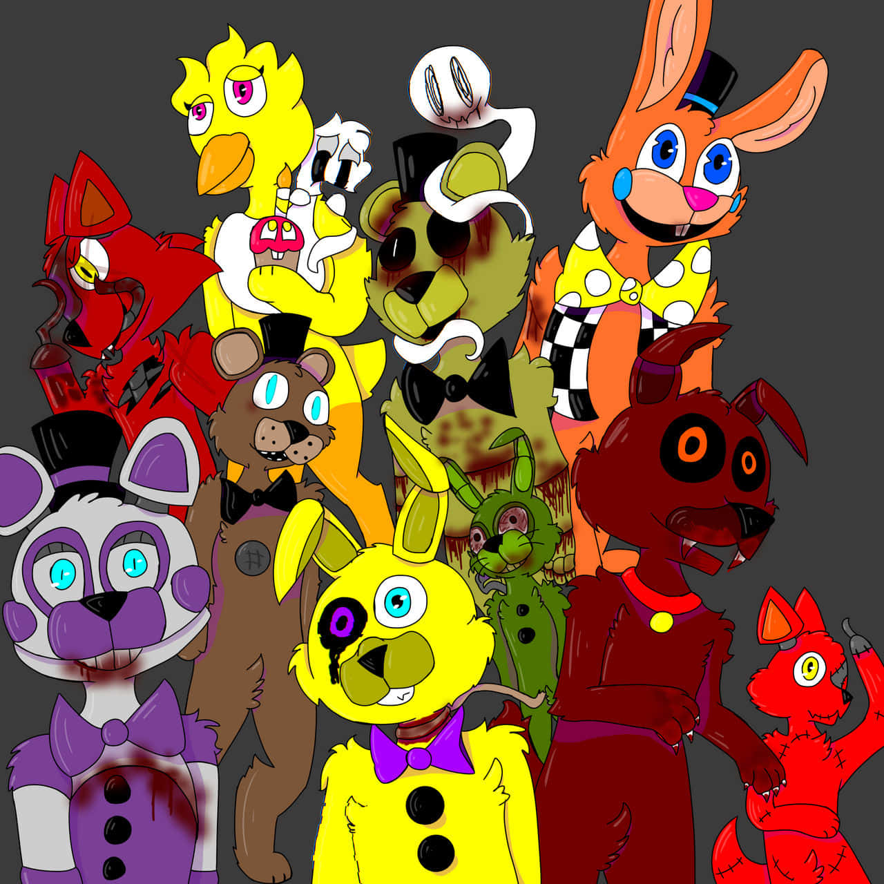 Fazbear Frights 桌布 壁紙 — 一群來自《Five Nights at Freddy's》的電子動畫角色，在深灰色背景前站在一起，表情詭異，服裝色彩繽紛。