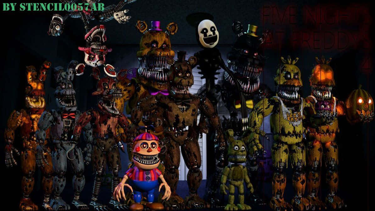 桌布 壁紙 — 一群來自《Five Nights at Freddy's》的威脅性電子動畫角色，站在黑暗的房間裡，眼睛發光，牙齒破損。