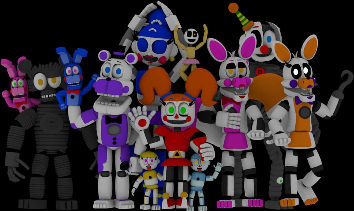 佛萊迪餐館之五夜驚魂 桌布 壁紙 — 一群來自《Five Nights at Freddy's》系列的色彩繽紛的電子動畫角色在黑色背景前一起擺姿勢。