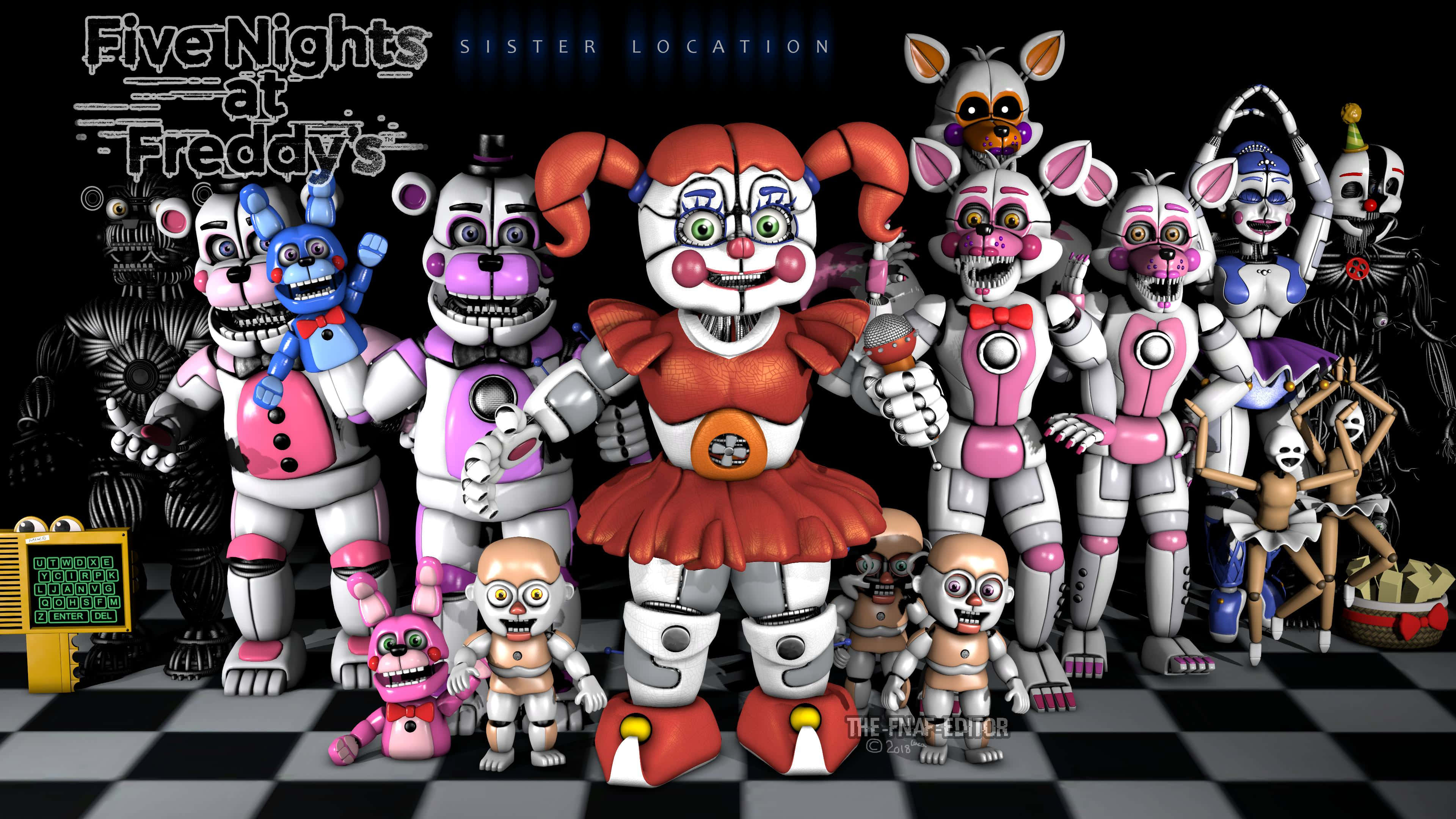 Five Nights At Freddys Sister Location 桌布 壁紙 — 一群來自《Five Nights at Freddy's》的威脅性電子動畫角色站在深色背景的棋盤格地板上。