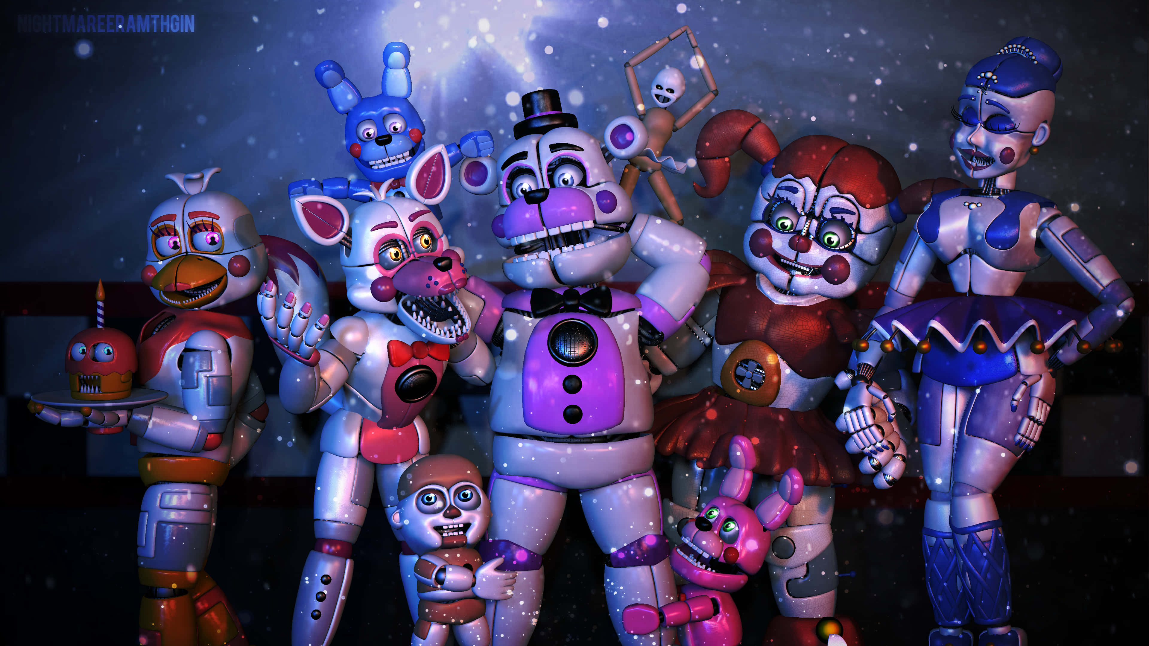 電玩遊戲 桌布 壁紙 — 一群來自《Five Nights at Freddy's》的電子動畫角色在星光閃爍的夜空下站在一起，帶有發光效果。