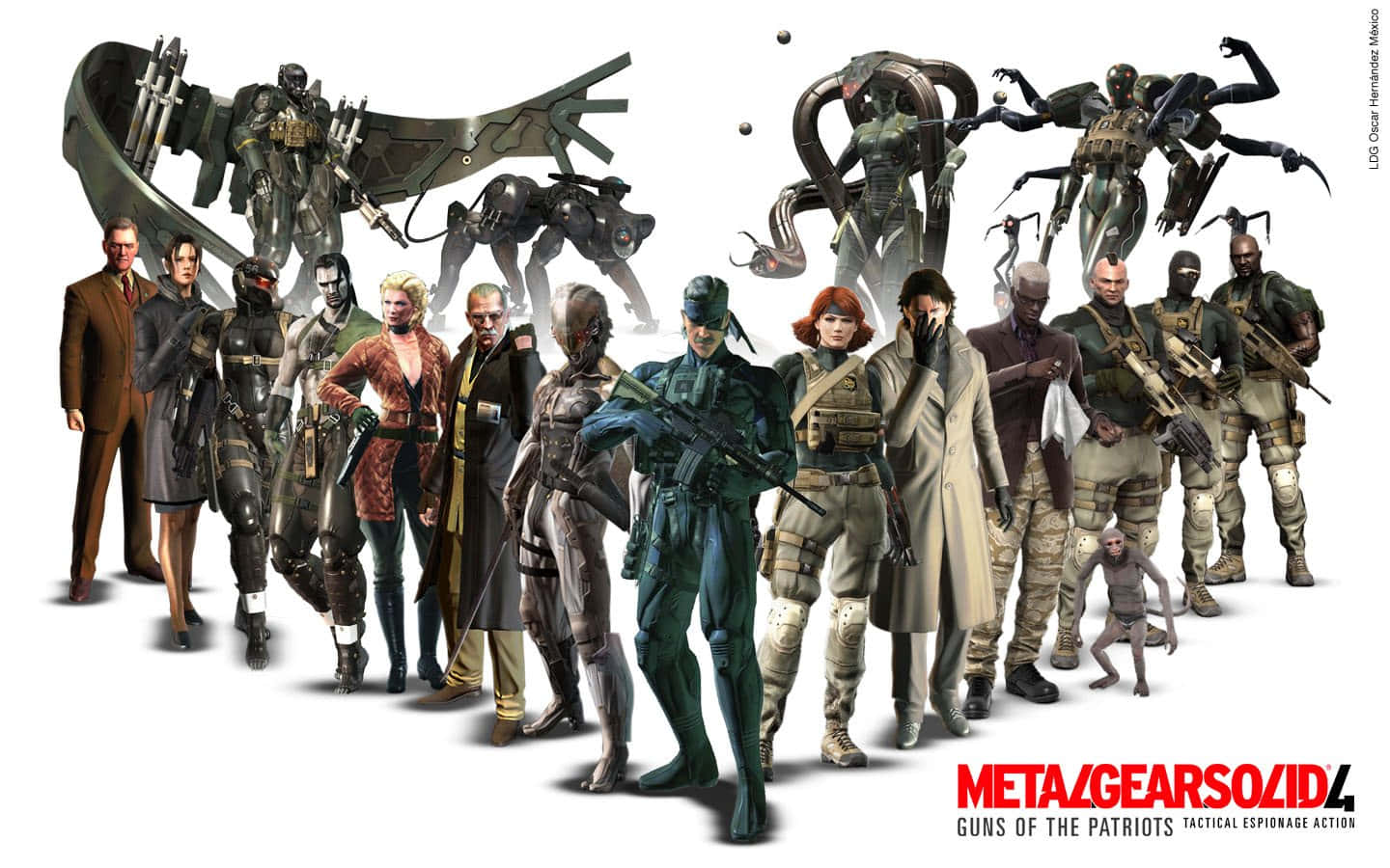 Metal Gear Solid Characters 桌布 壁紙 — 一群來自《Metal Gear Solid 4》的多樣化角色和機械敵人，在純白背景前擺出姿勢。