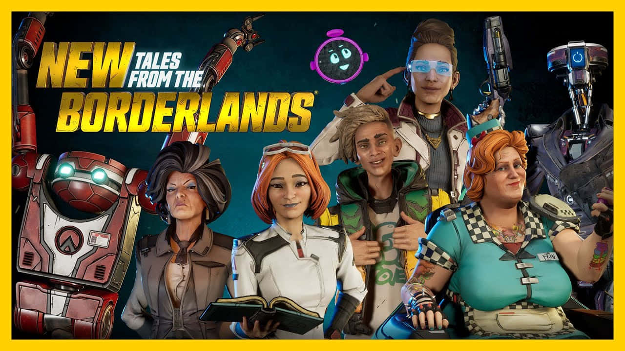 Borderlands Characters 桌布 壁紙 — 一群來自《New Tales from the Borderlands》的多樣化角色，與未來武器和機器人一起在深藍綠色背景前擺姿勢。