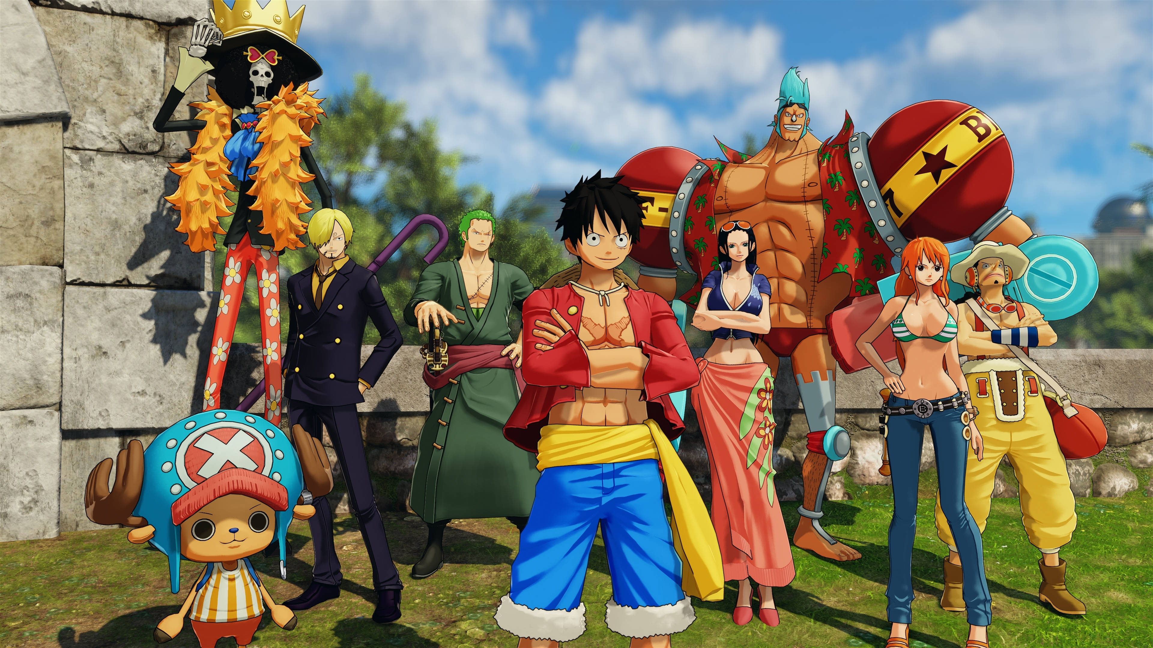 海賊王 4K 桌布 壁紙 — 一群來自《One Piece》的充滿活力的動漫角色自信地站在草地上，頭頂是藍天白雲。