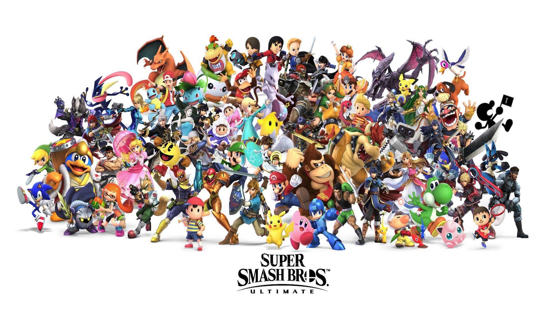 Smash Bros Ultimate 桌布 壁紙 — 一群來自《任天堂明星大亂鬥 特別版》的標誌性電子遊戲角色在純白背景上動感擺姿勢。