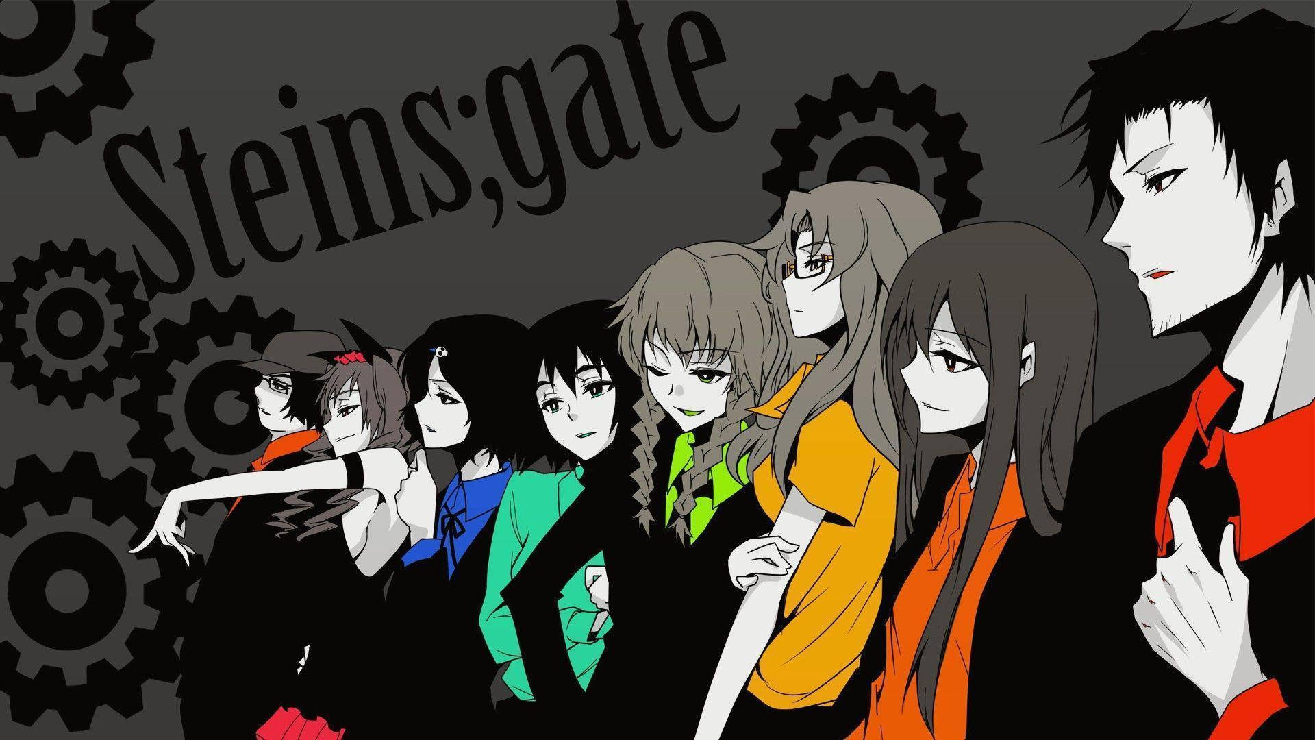 Top Anime 桌布 壁紙 — 一群來自《命運石之門》的動畫角色站在深色背景前，背景有機械齒輪和風格化字體的標題。