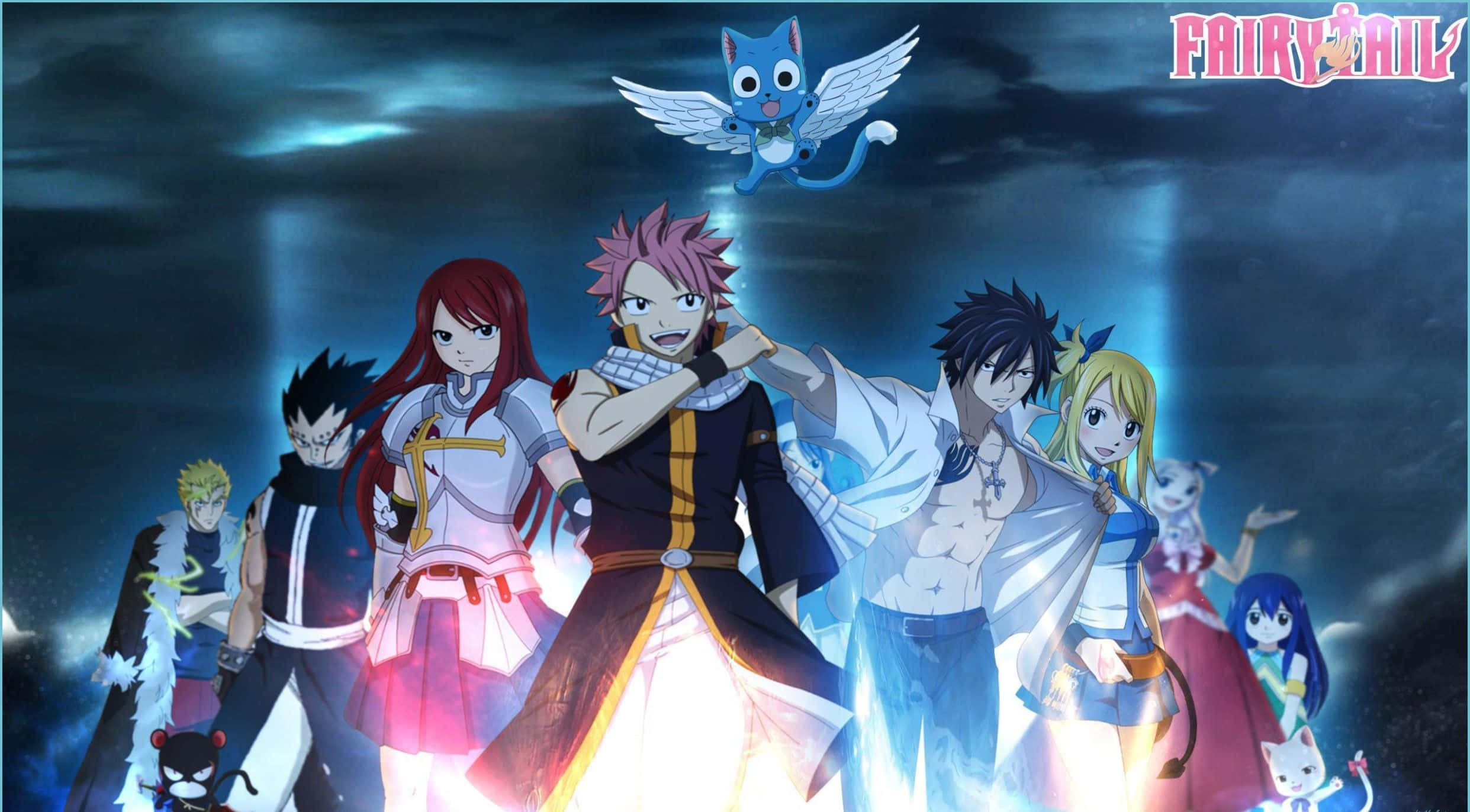 Natsu 桌布 壁紙 — 一群來自《妖精的尾巴》的動畫角色在暴風雨的天空下英勇站立，帶有發光的魔法效果。