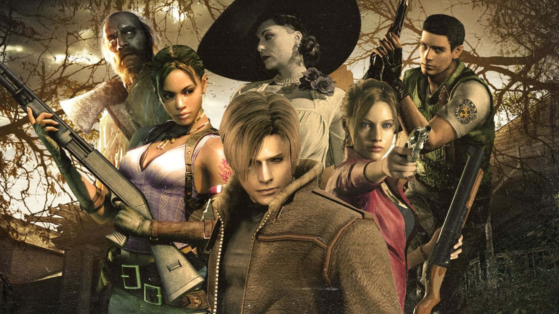 Resident Evil Characters 桌布 壁紙 — 一群來自《惡靈古堡》的武裝倖存者在黃昏時分於腐朽的森林中嚴陣以待，表情緊張。