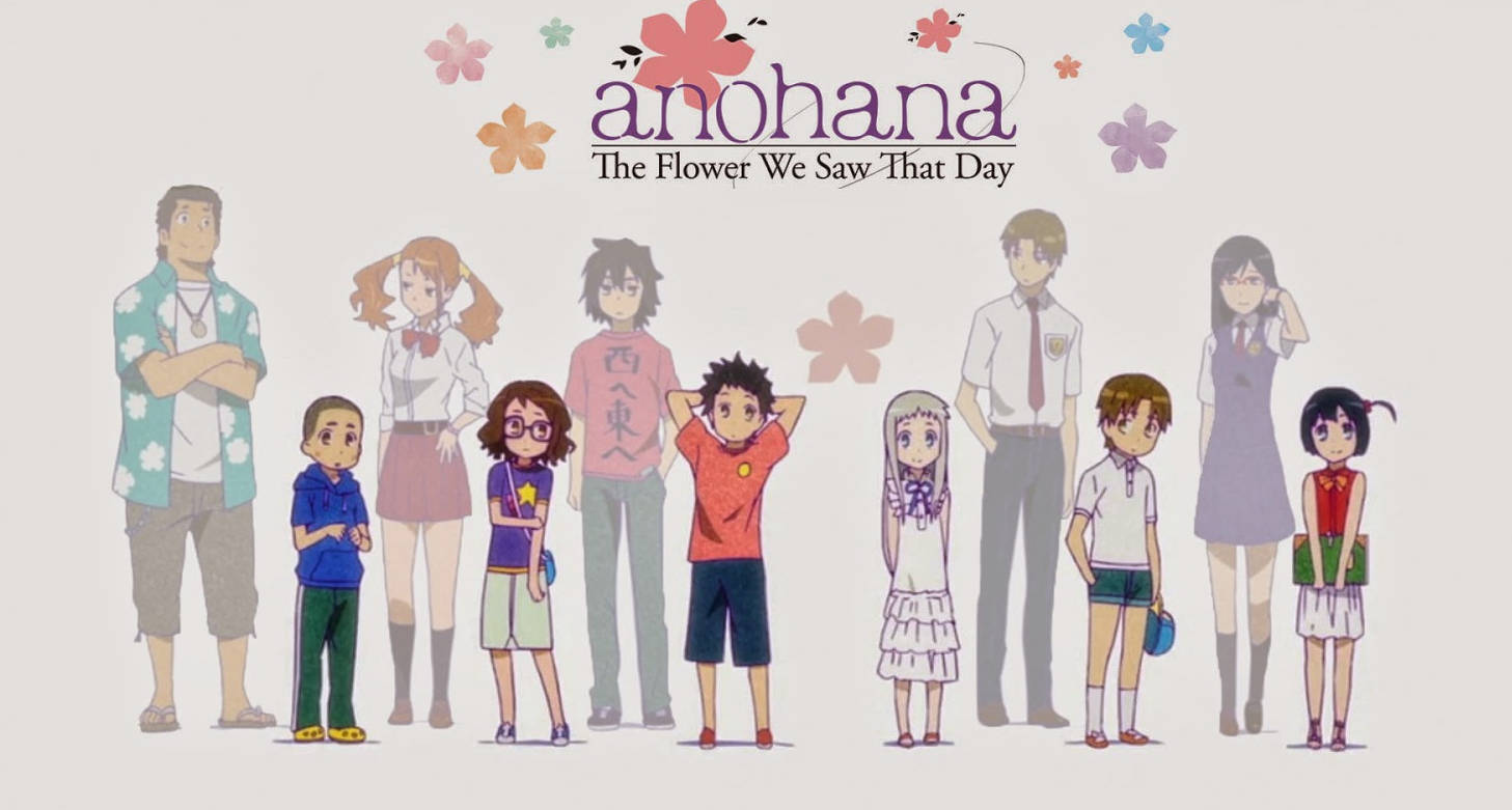 Anohana 桌布 壁紙 — 一群來自《未聞花名》的動畫角色在飄浮的櫻花下站在一起，帶有柔和粉彩色彩。