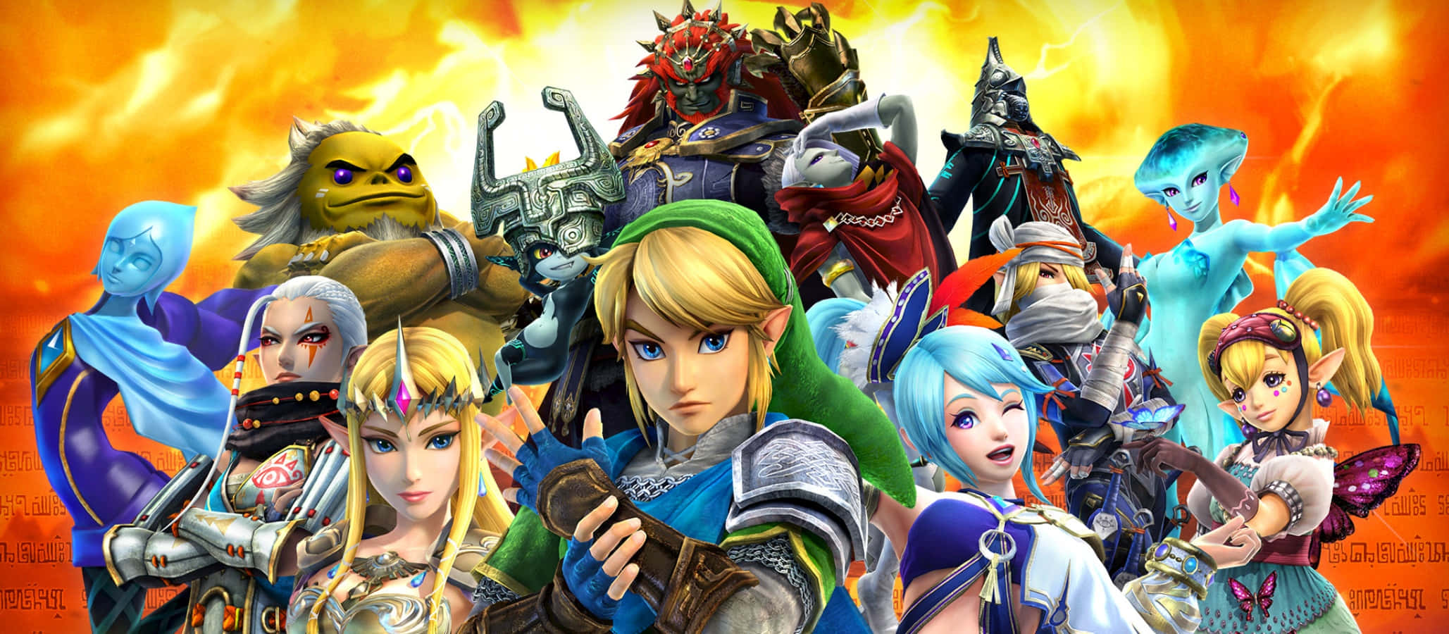 The Legend Of Zelda Characters 桌布 壁紙 — 一群來自《薩爾達傳說》的充滿活力的奇幻角色，在火紅的橙色天空下英勇地站立。