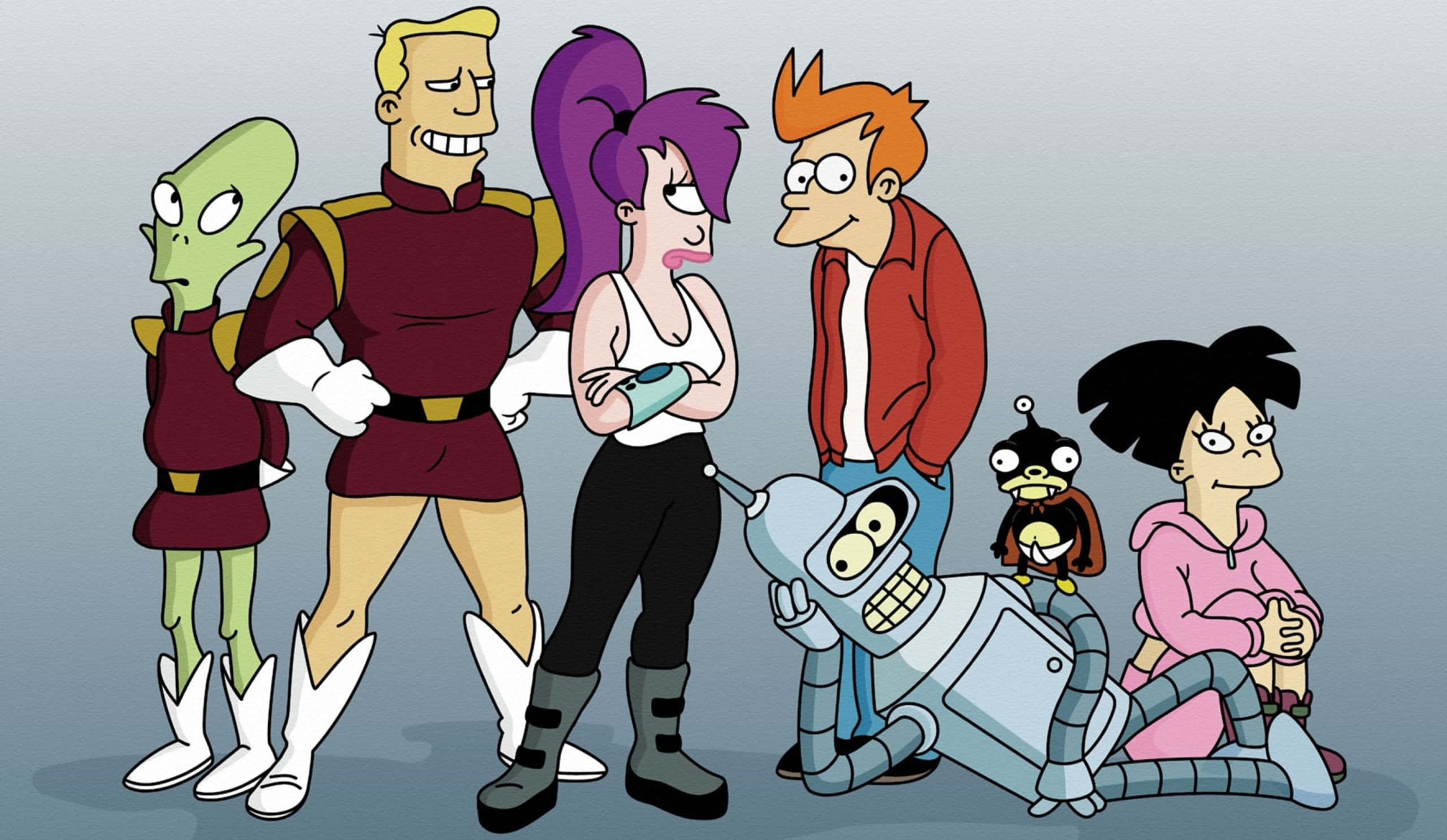 Futurama 桌布 壁紙 — 一群來自《飛出個未來》的動畫角色站在純灰色背景前。