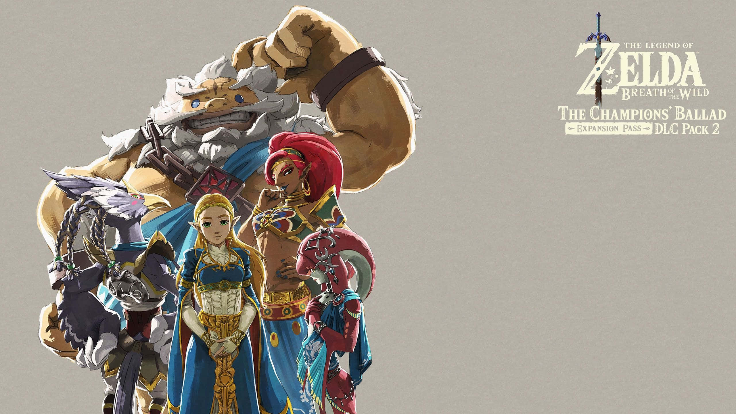 The Legend Of Zelda Urbosa 桌布 壁紙 — 一群來自薩爾達傳說 曠野之息的英勇冒險者，在純色背景前以風格化插圖並肩而立。