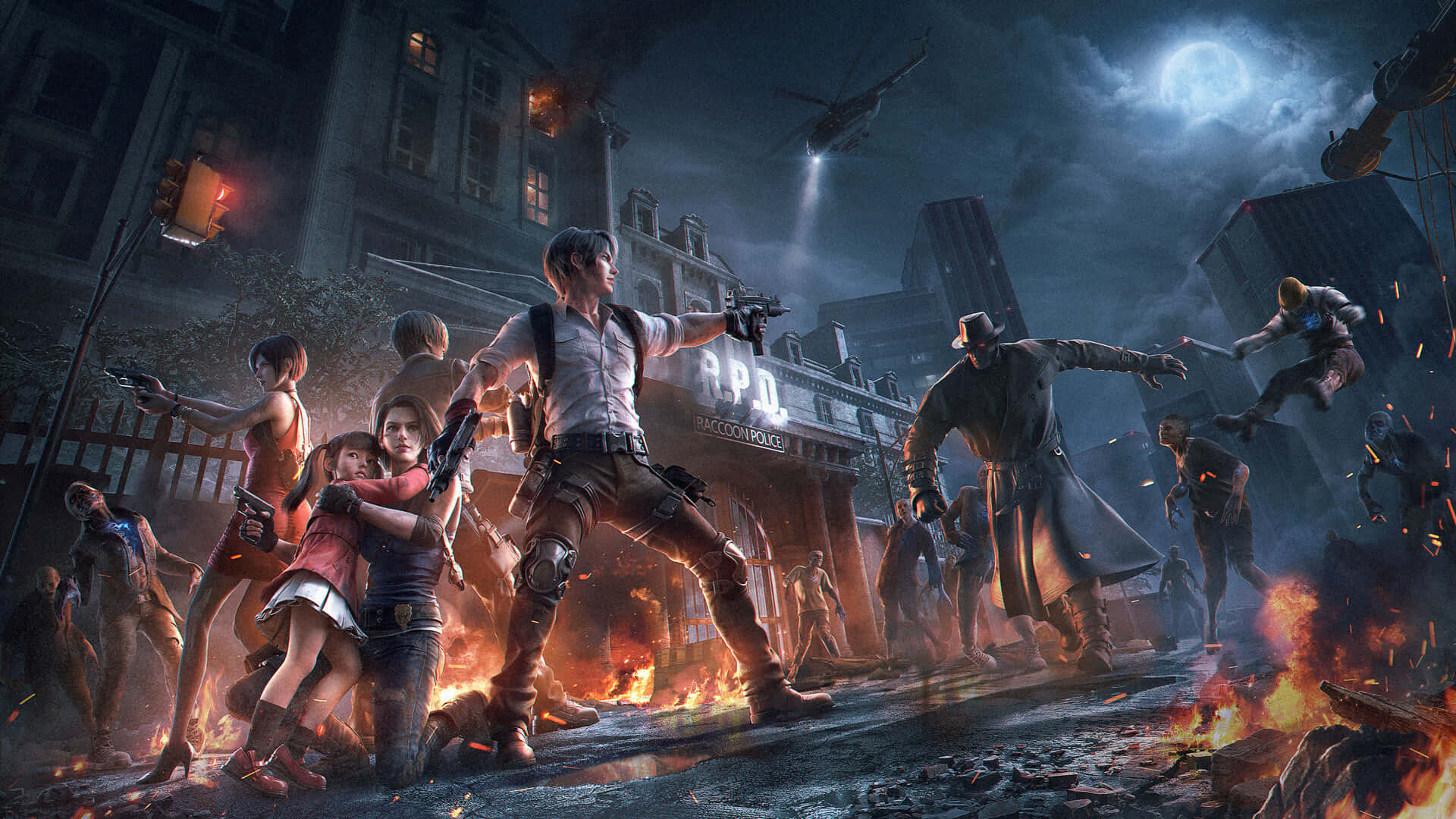 Resident Evil Characters 桌布 壁紙 — 一群倖存者在滿月下燃燒的城市街道上與殭屍搏鬥，頭頂有直升機盤旋。