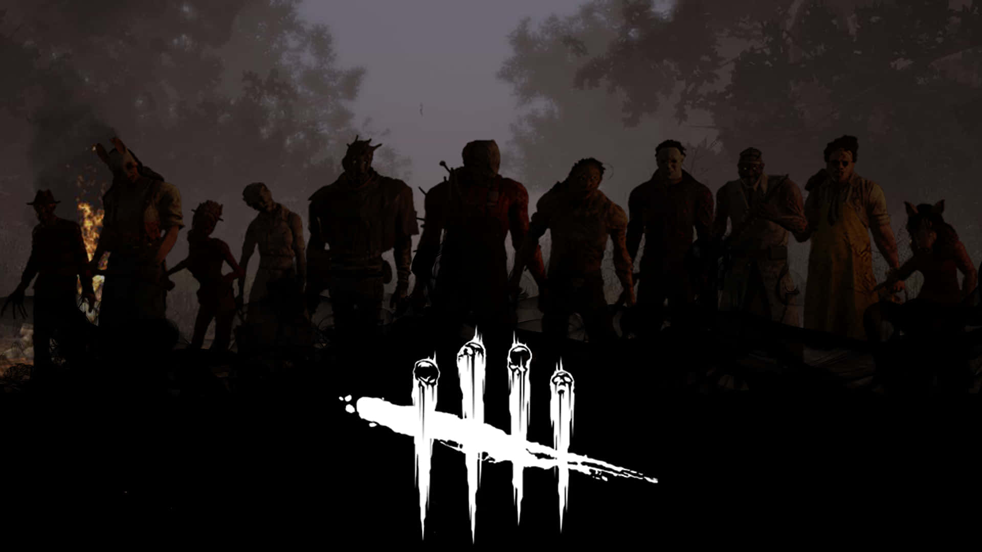 Dead By Daylight Killers 桌布 壁紙 — 一群像殭屍般的人物在黃昏時分的黑暗森林中站立，身後有發光的火焰，前景有一個白色風格化的標誌。