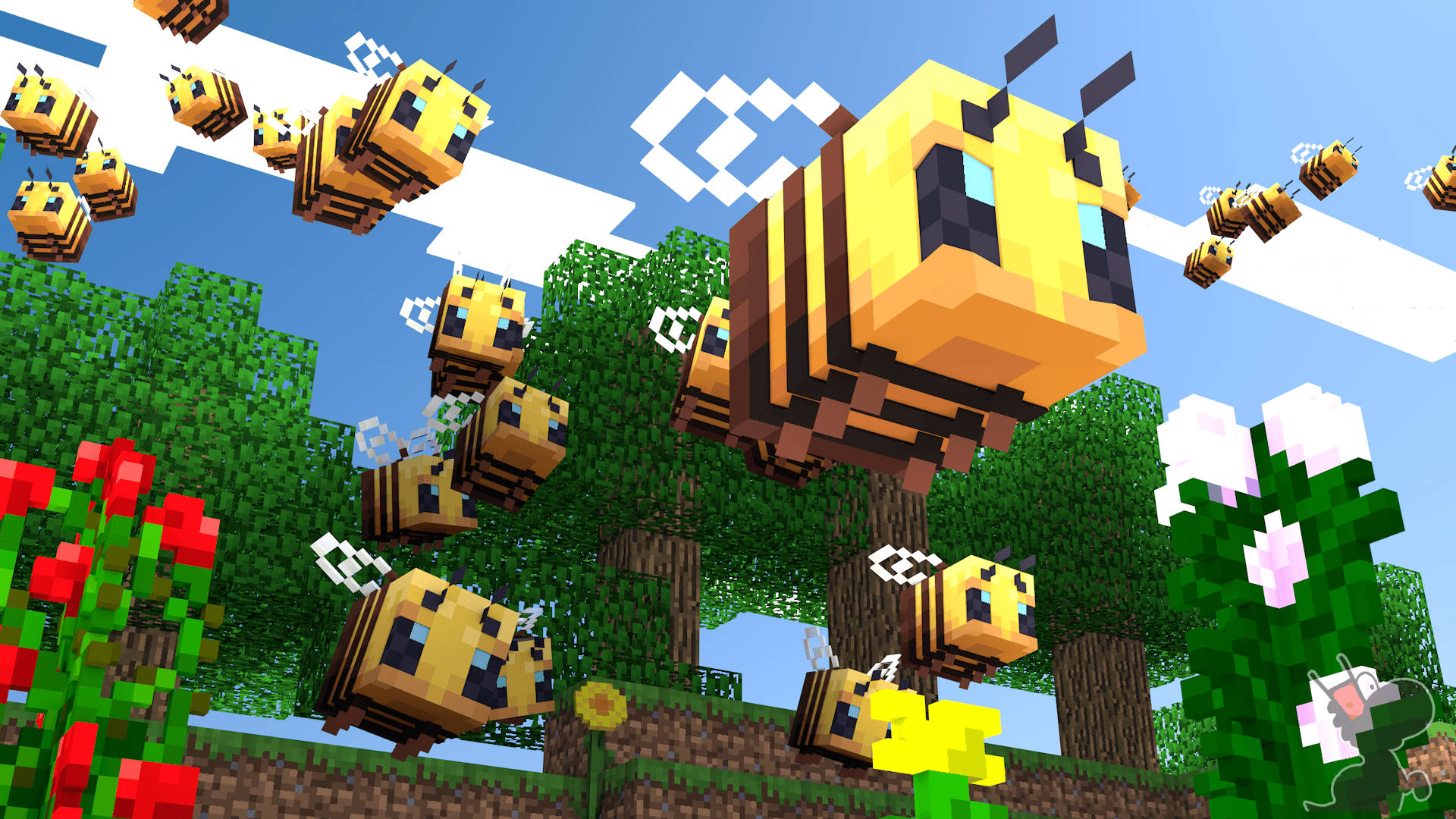 我的世界 蜜蜂 桌布 壁紙 — 一群像素化的蜜蜂在明亮的Minecraft景觀中飛過方塊狀的樹木和花朵。