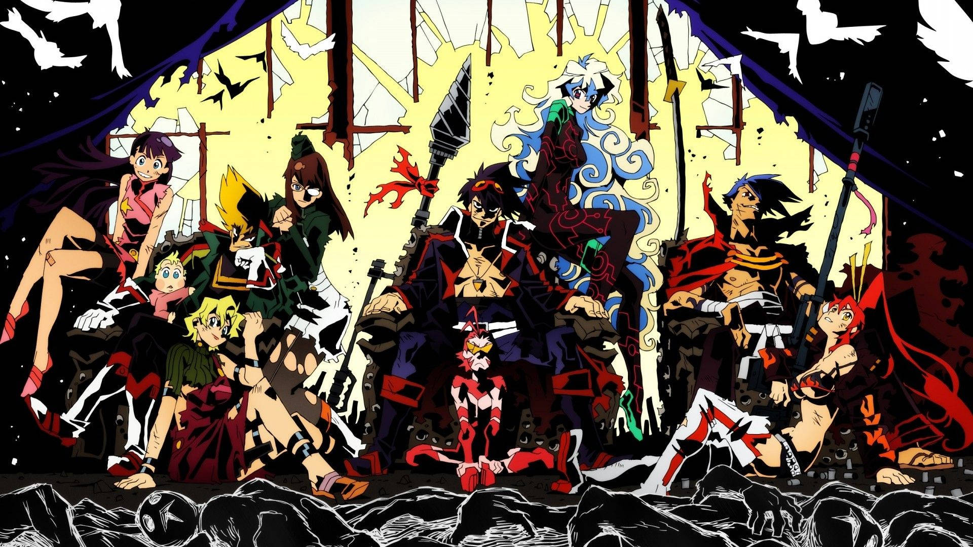 Gurren Lagann 桌布 壁紙 — 一群充滿動感的動漫戰士手持武器，在破碎的黃色背景前，伴隨著飛舞的蝙蝠和黑暗剪影，挑釁地站立著。