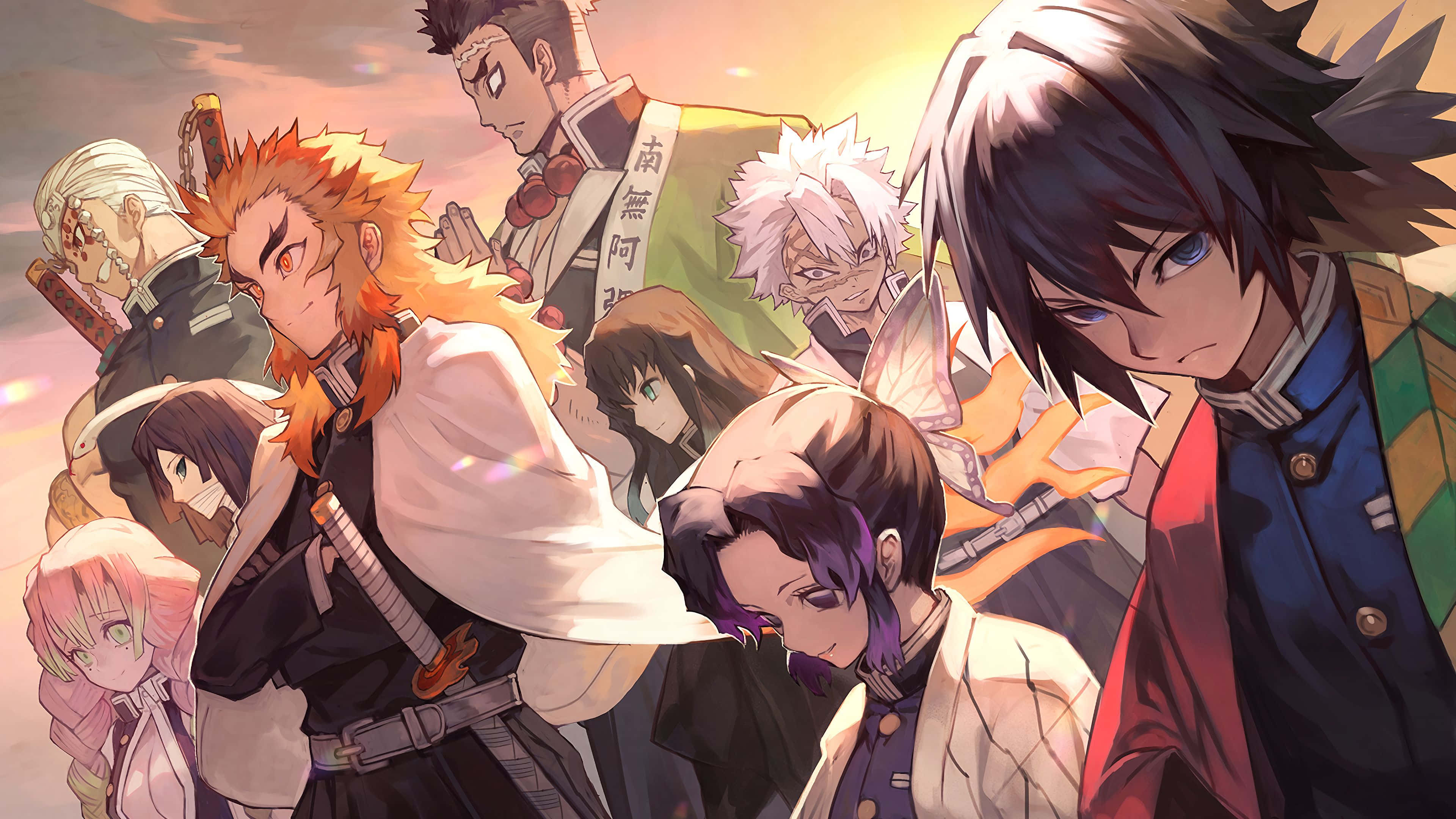 Demon Slayer Characters 桌布 壁紙 — 一群充滿動感的動畫劍士以英雄姿態站在燦爛的日落天空前。