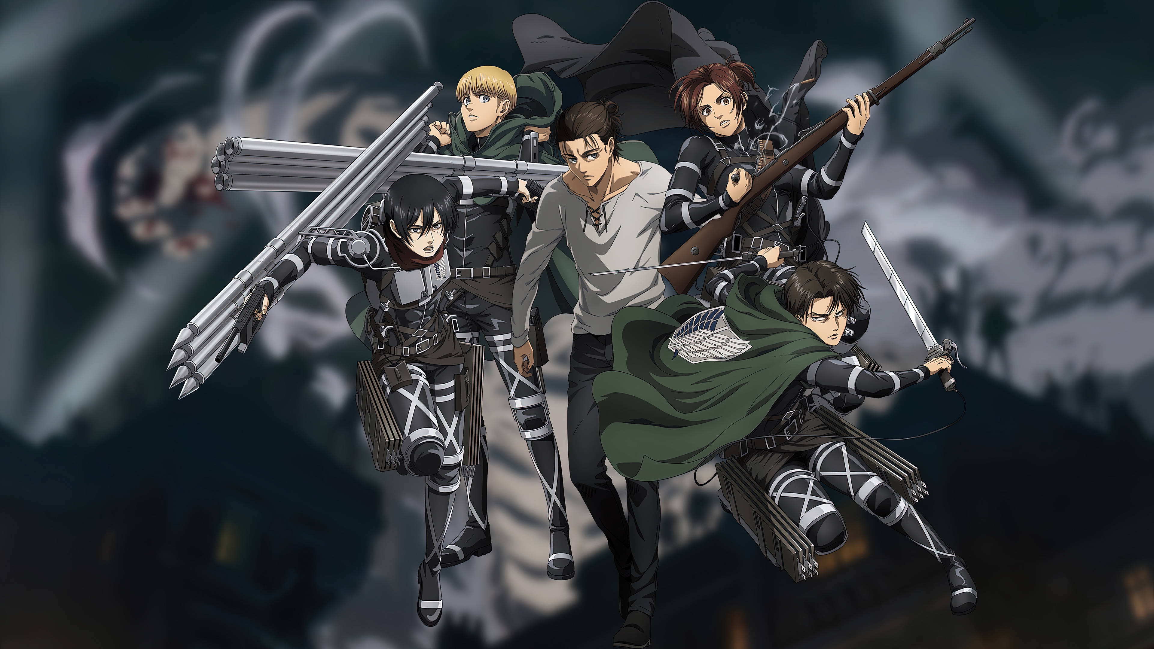 Levi 桌布 壁紙 — 一群充滿動感的動畫士兵，裝備齊全、手持武器，在黑暗陰森的背景下向前衝鋒。