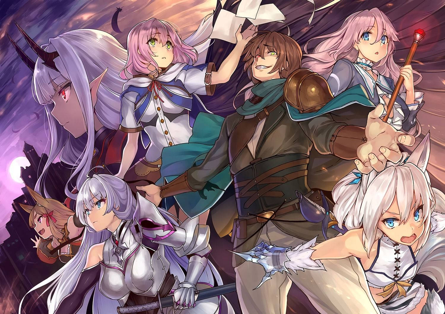 Healer 桌布 壁紙 — 一群充滿動感的動畫奇幻戰士，頭上有角、手持武器，在暮色天空下英勇地擺出姿勢。