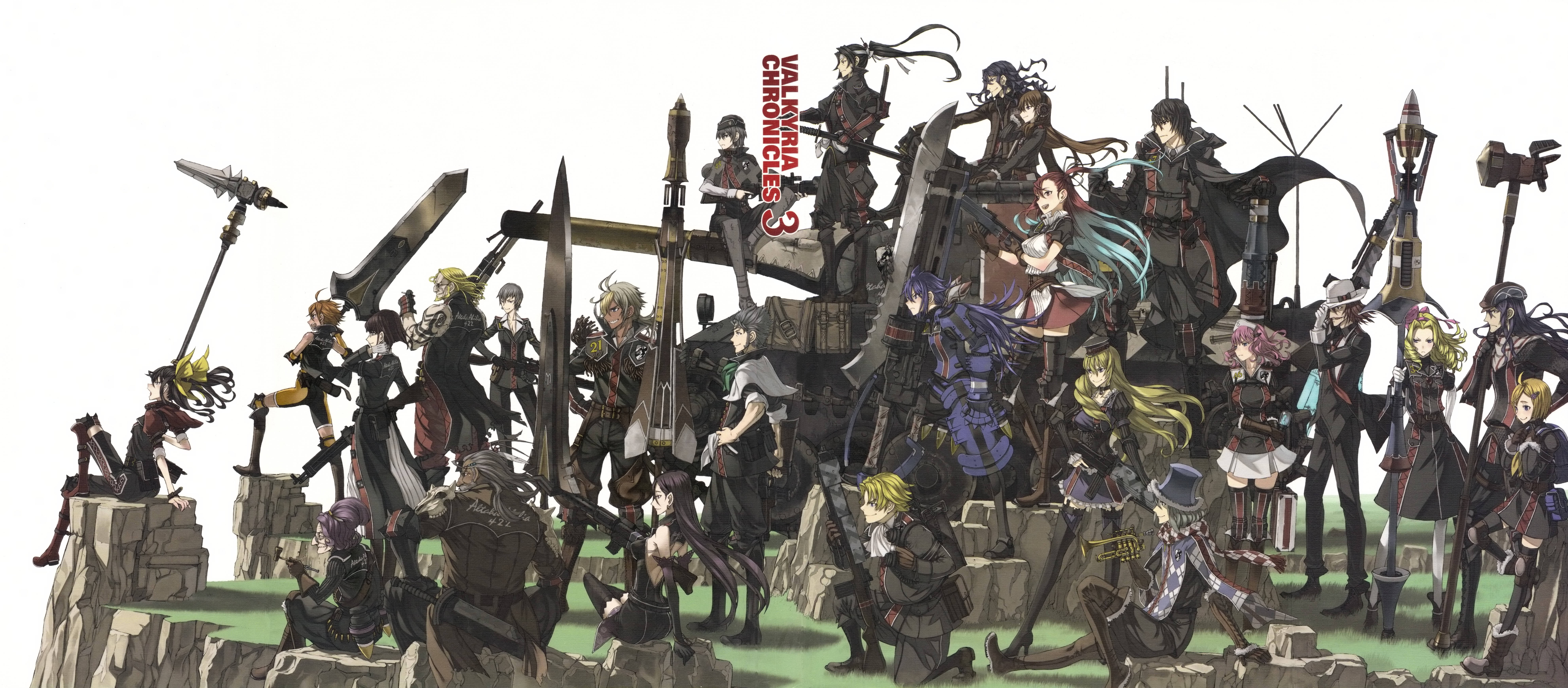 Valkyria Chronicles 桌布 壁紙 — 一群充滿動感的動畫戰士，手持劍與武器，站在岩石地形上，背景是純白色。