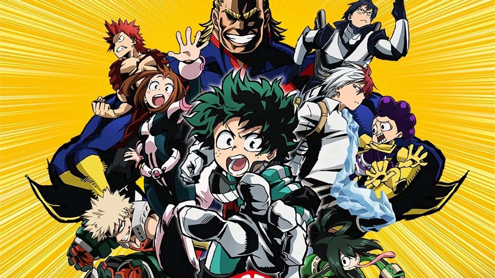 My Hero Academia Deku 桌布 壁紙 — 一群充滿動感的動畫英雄，擁有尖刺頭髮和色彩繽紛的服裝，在耀眼的黃色太陽光背景下向前衝刺。