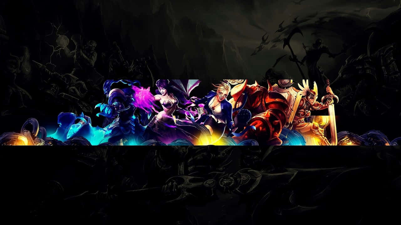 Banner 桌布 壁紙 — 一群充滿動感的奇幻英雄，手持發光武器和魔法效果，準備在黑暗陰沉的背景下戰鬥。