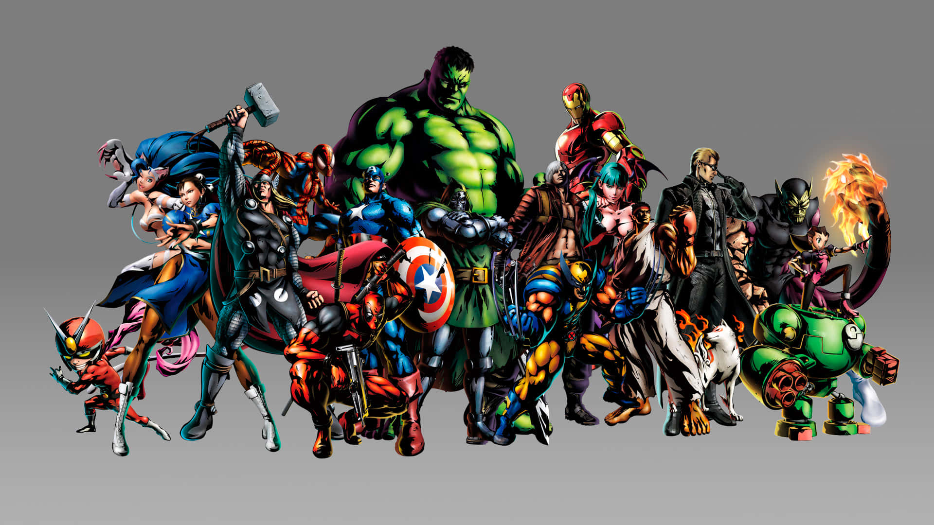 heroes 桌布 壁紙 — 一群充滿動感的經典漫畫超級英雄與反派，在純灰色背景前以英雄姿態擺出姿勢。