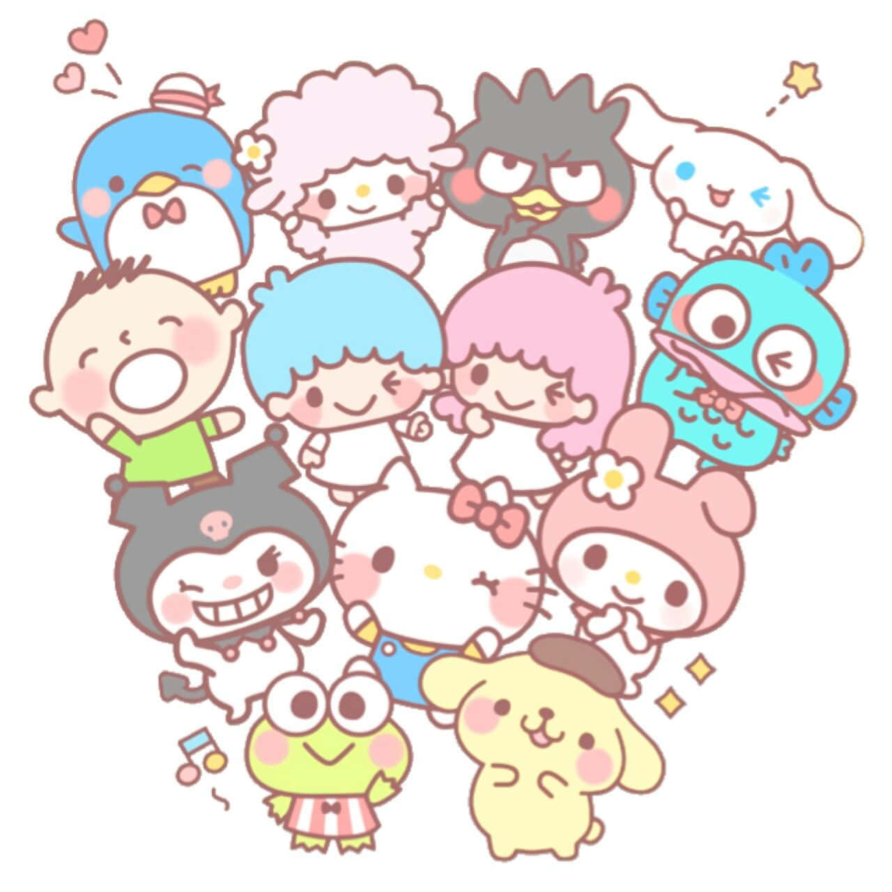 Friends 桌布 壁紙 — 一群充滿歡樂的標誌性Sanrio角色，如Hello Kitty和My Melody，以柔和的粉彩顏色和俏皮的表情呈現。
