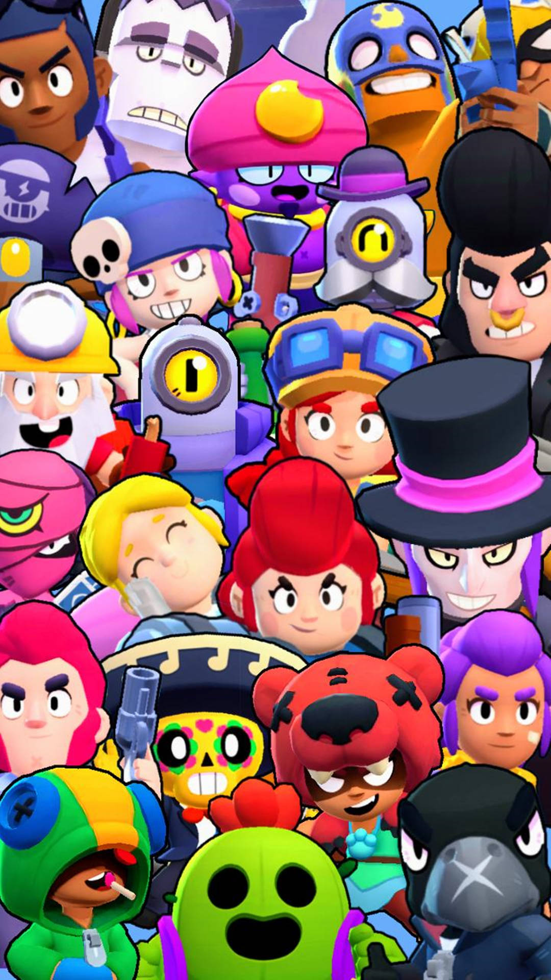 一組密集的《Brawl Stars》遊戲角色，表情多樣，色彩鮮豔。 — 荒野亂鬥 GIF 壁紙