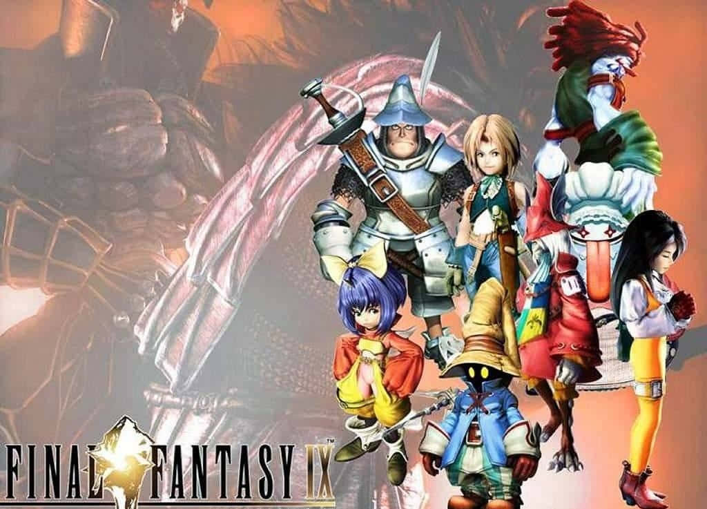 Final Fantasy Ix 桌布 壁紙 — 一群充滿活力的《Final Fantasy IX》角色英勇地站在熾熱的背景前，身後潛伏著一隻巨大的怪物。