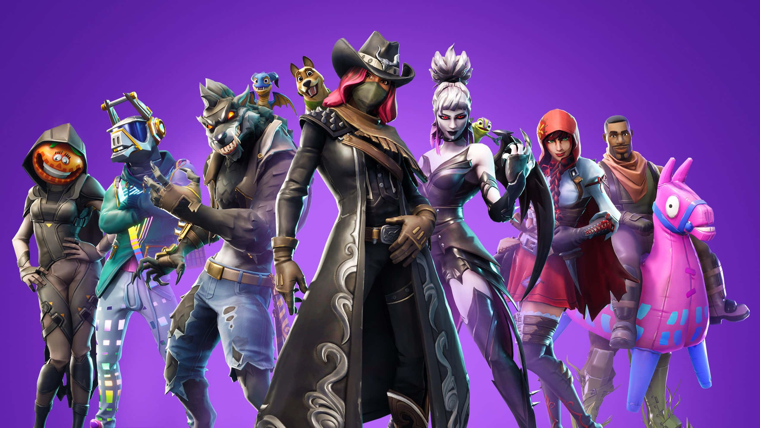 Fortnite 桌布 壁紙 — 一群充滿活力的 Fortnite 角色穿著色彩繽紛的服裝，在純紫色背景前自信地擺姿勢。