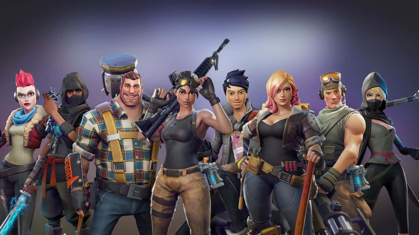 桌布 壁紙 — 一群充滿活力的 Fortnite 角色身穿戰鬥裝備，在深色漸變背景前自信地擺出姿勢。