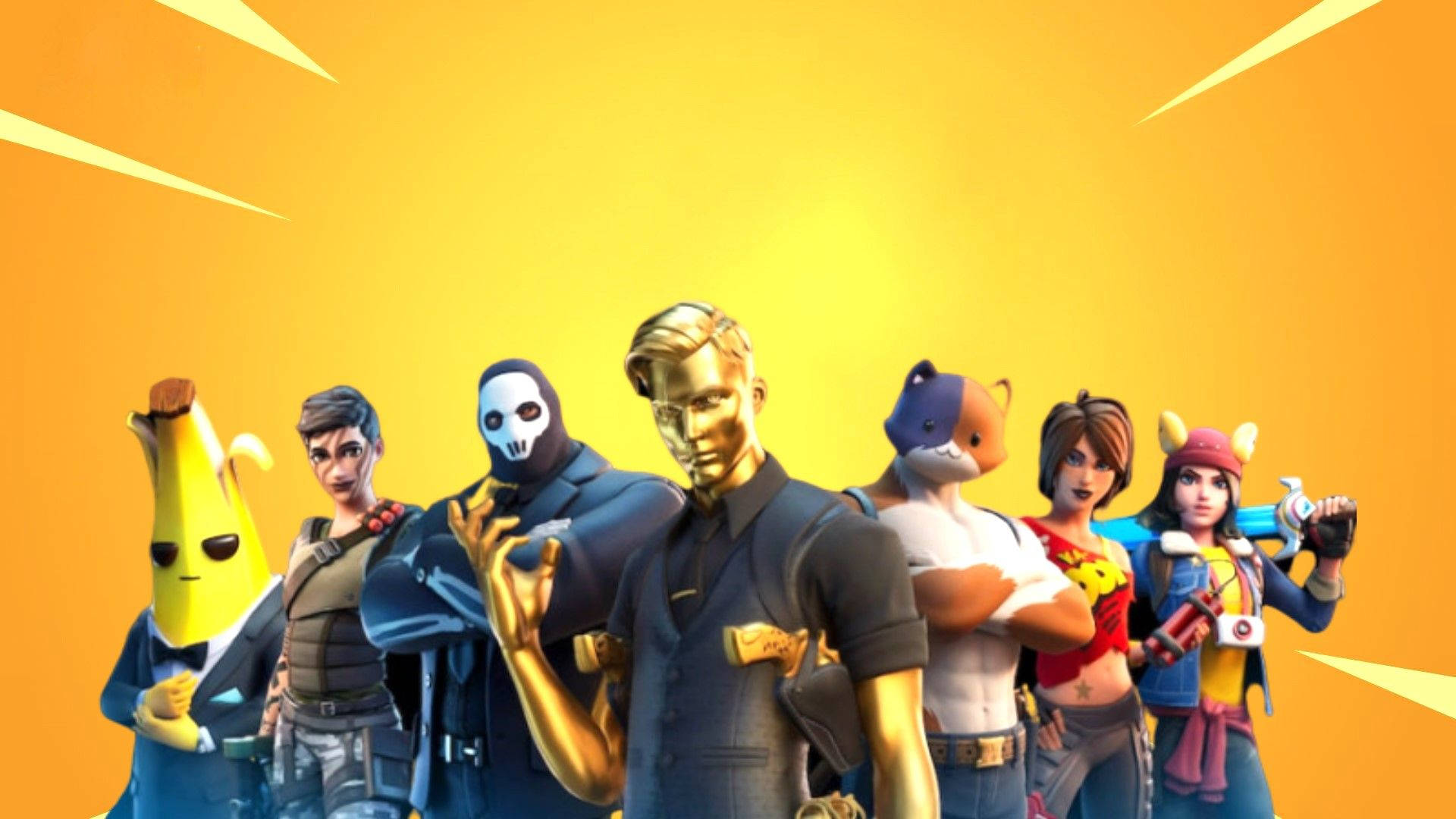 Fortnite Chapter 2 Season 6 桌布 壁紙 — 一群充滿活力的 Fortnite 角色，在帶有太陽光線的耀眼黃色背景前擺出動態姿勢。